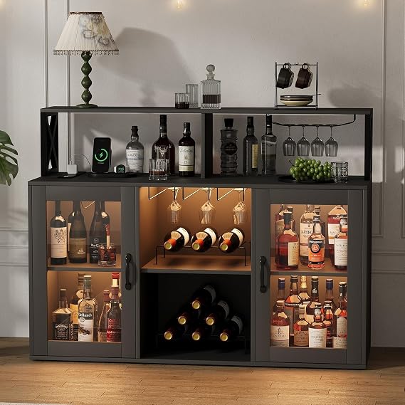 Bar Cabinet,Wine Bar Cabinet with LED Light,Coffee Bar Cabinet with Power Outlet,Kitchen Buffet Sideboard with Storage,for Home and Kitchen Dining Living Room Black