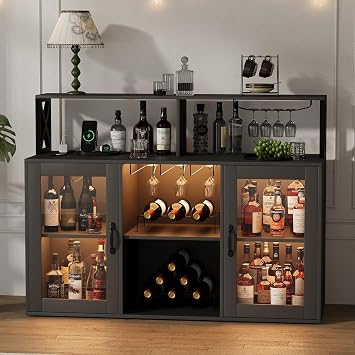 Bar Cabinet,Wine Bar Cabinet with LED Light,Coffee Bar Cabinet with Power Outlet,Kitchen Buffet Sideboard with Storage,for Home and Kitchen Dining Living Room Black
