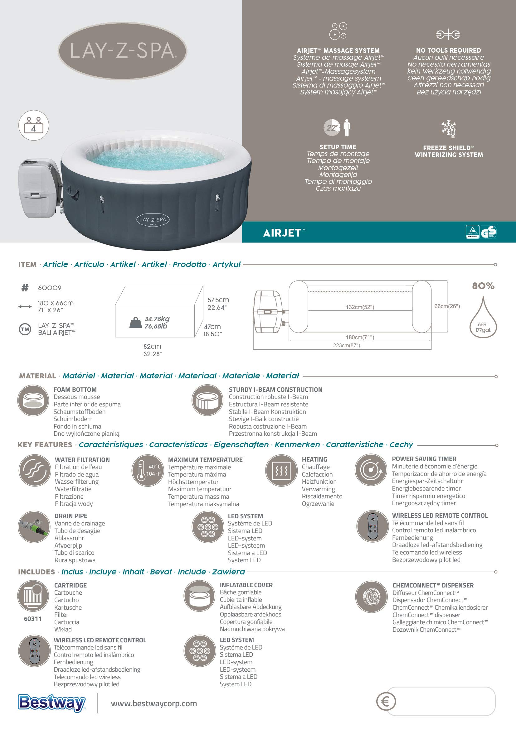 Bestway LAY-Z-SPA® Bali Airjet™ 180 x 66 cm, 2-4 personnes