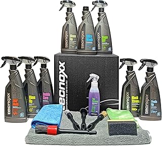 Tecnoxx – Kit Full Detailing Pro Set completo 9 produtos para limpeza e manutenção interior e exterior de carros inclui brilhante limpeza de pneus painéis tapeçarias mosquitos e muito mais