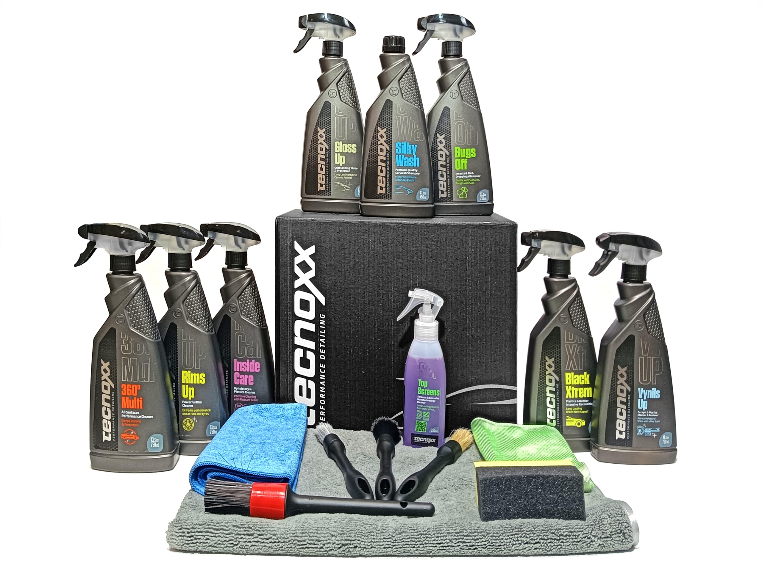 Tecnoxx - Kit Full Detailing PRO Set Completo 9 Prodotti per la Pulizia e la Manutenzione Interna ed Esterna delle Auto Include Lucidante Pulitore Cerchi Schizzi Rivestimenti Interni Insetti e Altro