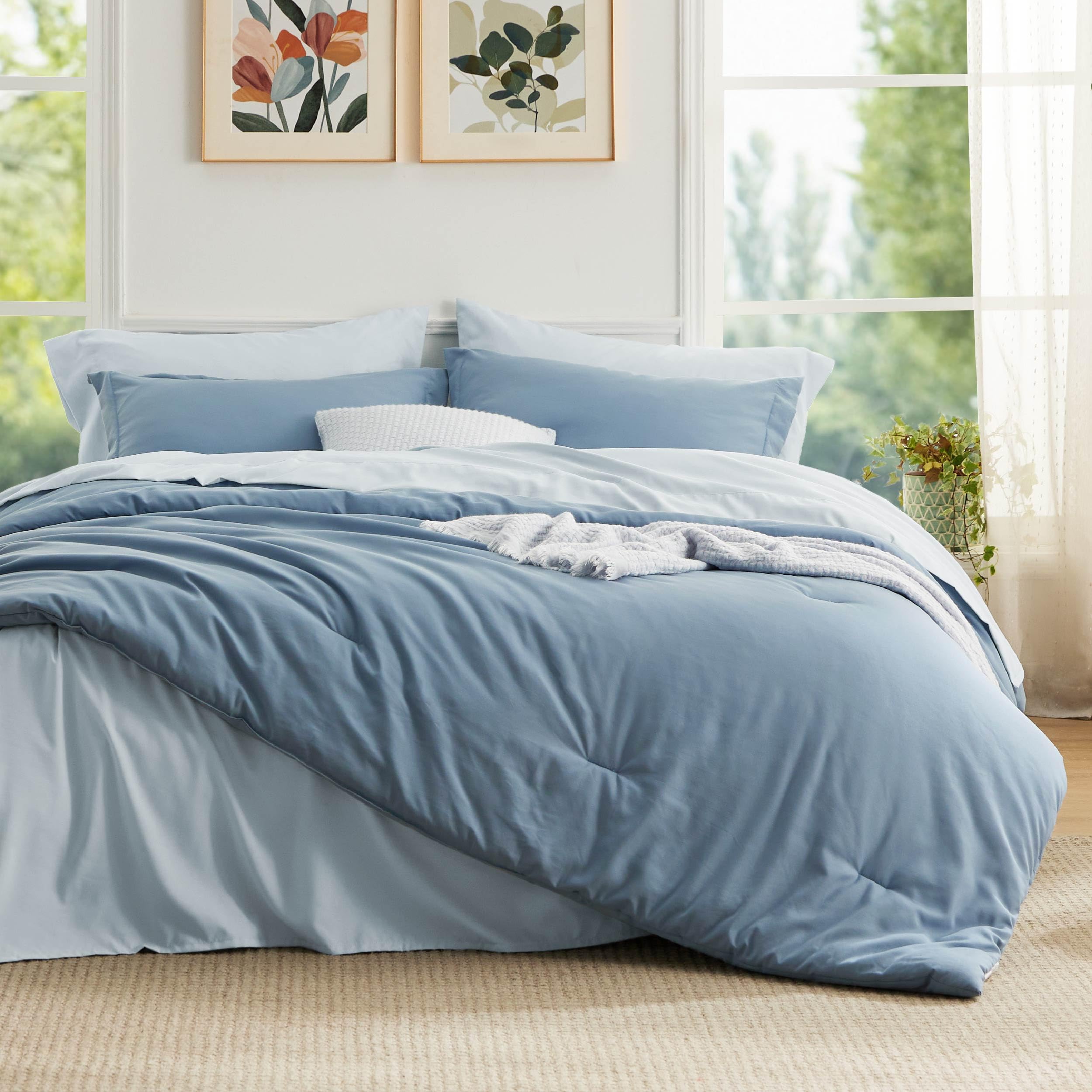 Bedsure Twin XL Comforter Set - 5 Pieces Grayish Blue Twin XL Bedding Set for All Seasons, Boho Contrasting Design Bed in a Bag with Comforter, Sheets, Pillowcase & Sham