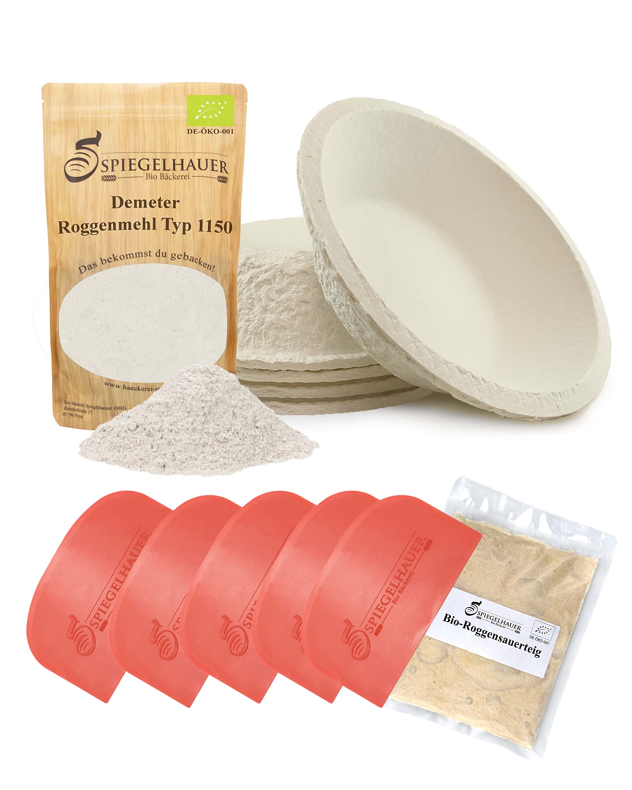 Bäckerei Spiegelhauer Sauerteig Starter Set Roggensauerteig 300 g, 5 Teigschaber, Demeter Roggenmehl Typ 1150 1 kg, 5 Gärkörbchen rund - Natursauerteig Gärkörbchen Set