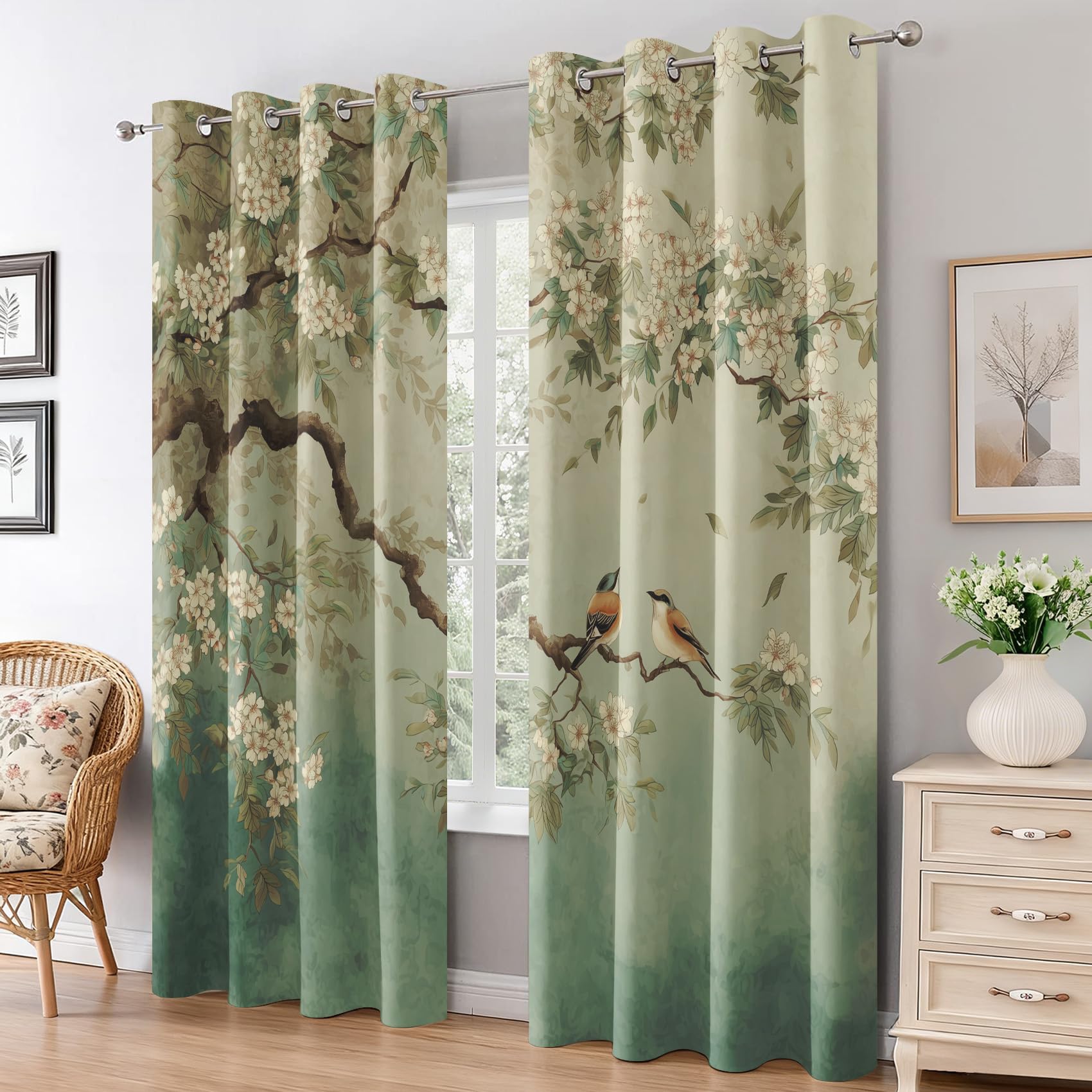Générique Rideau Occultant Oiseau Fleuri Chambre, Rideaux Fleurs et Oiseaux Chinois Salon, Thermique à Oeillets Fenêtre Decoration, Opaque Draperies 2 Pièces, 140 x 160 cm (L x H) E-D53