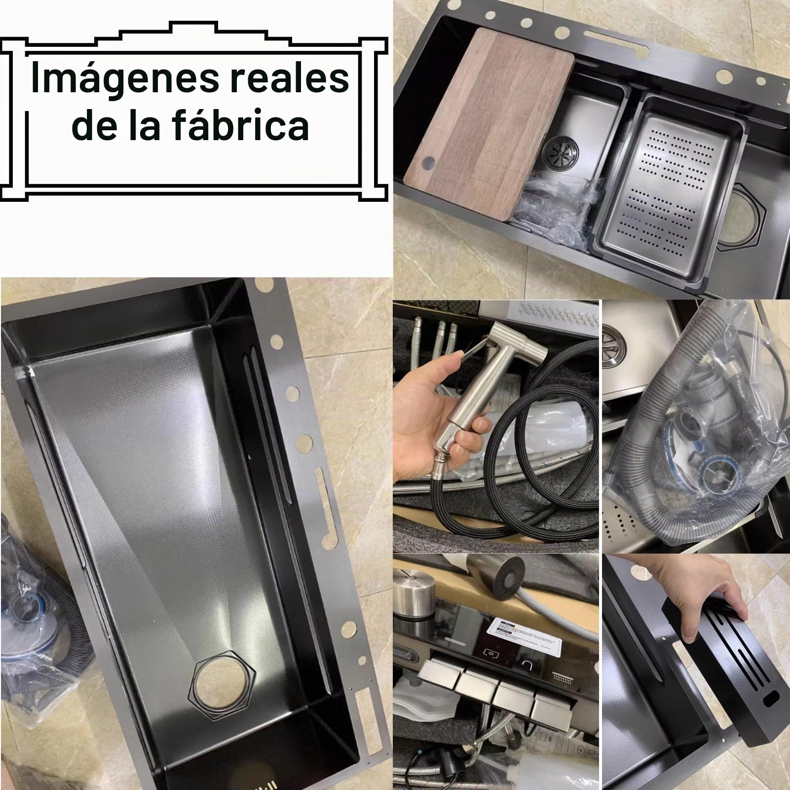 Fregadero de Cocina de 100 x 50 cm con Dos cascadas y Pistola pulverizadora de Alta presión, Fregadero de Cocina con Pantalla Digital, Fregadero de Acero Inoxidable con Caja portac