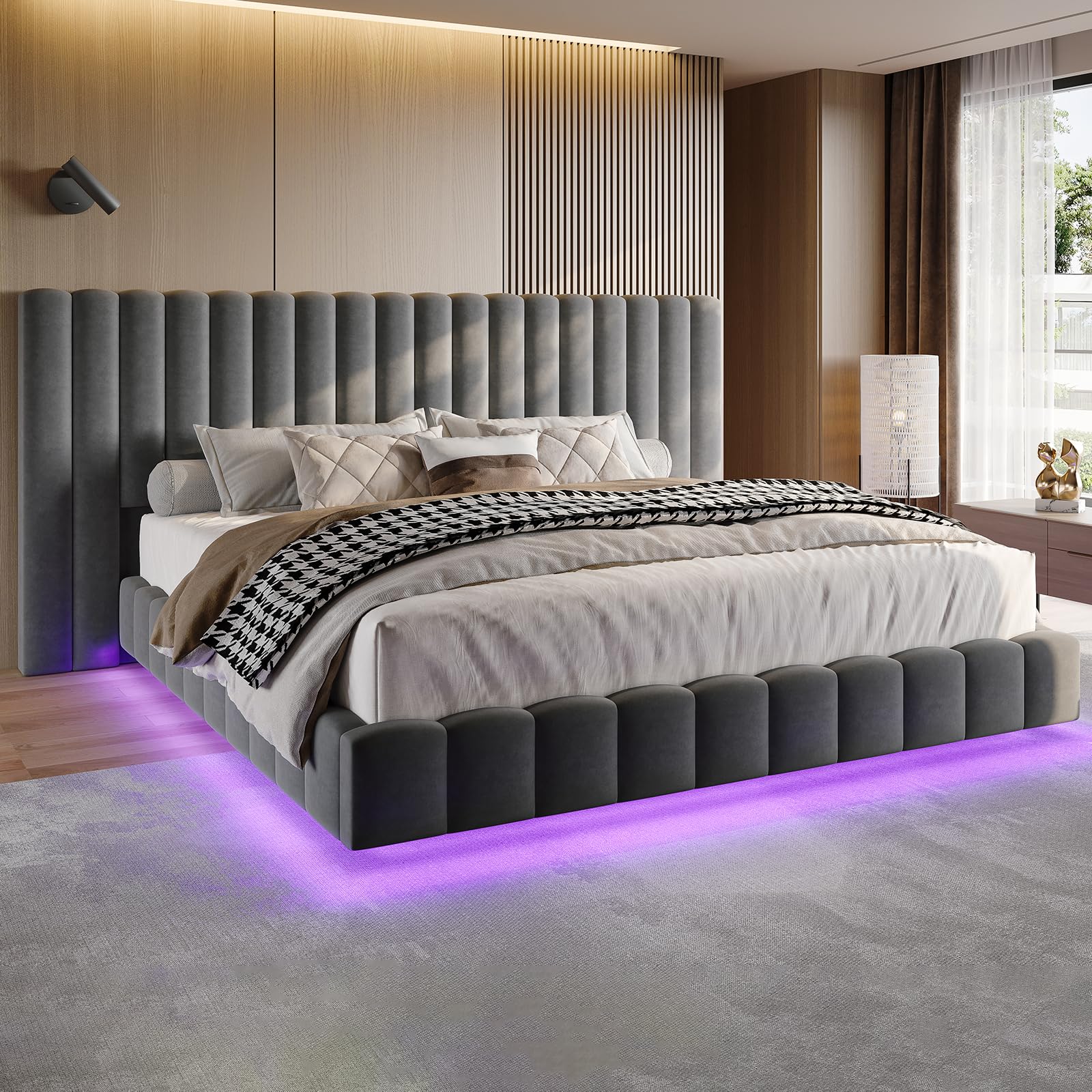 Jocisland Queen Size Upholstered Bed Frame with Oversized Headboard, Floating Design, RGB LED Lights, Velvet Channel Tufted Platform, No Box Spring Needed, Grey