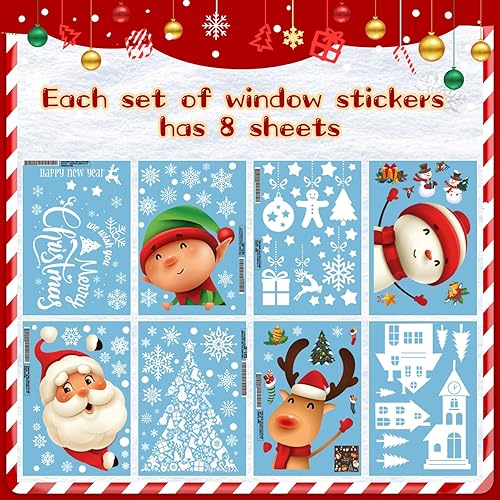 Miniatura 4 de DKTIE Calcomanías navideñas para ventana, de doble cara, coloridas para ventanas, decoración de Navidad, Papá Noel, 8 hojasjuego, A