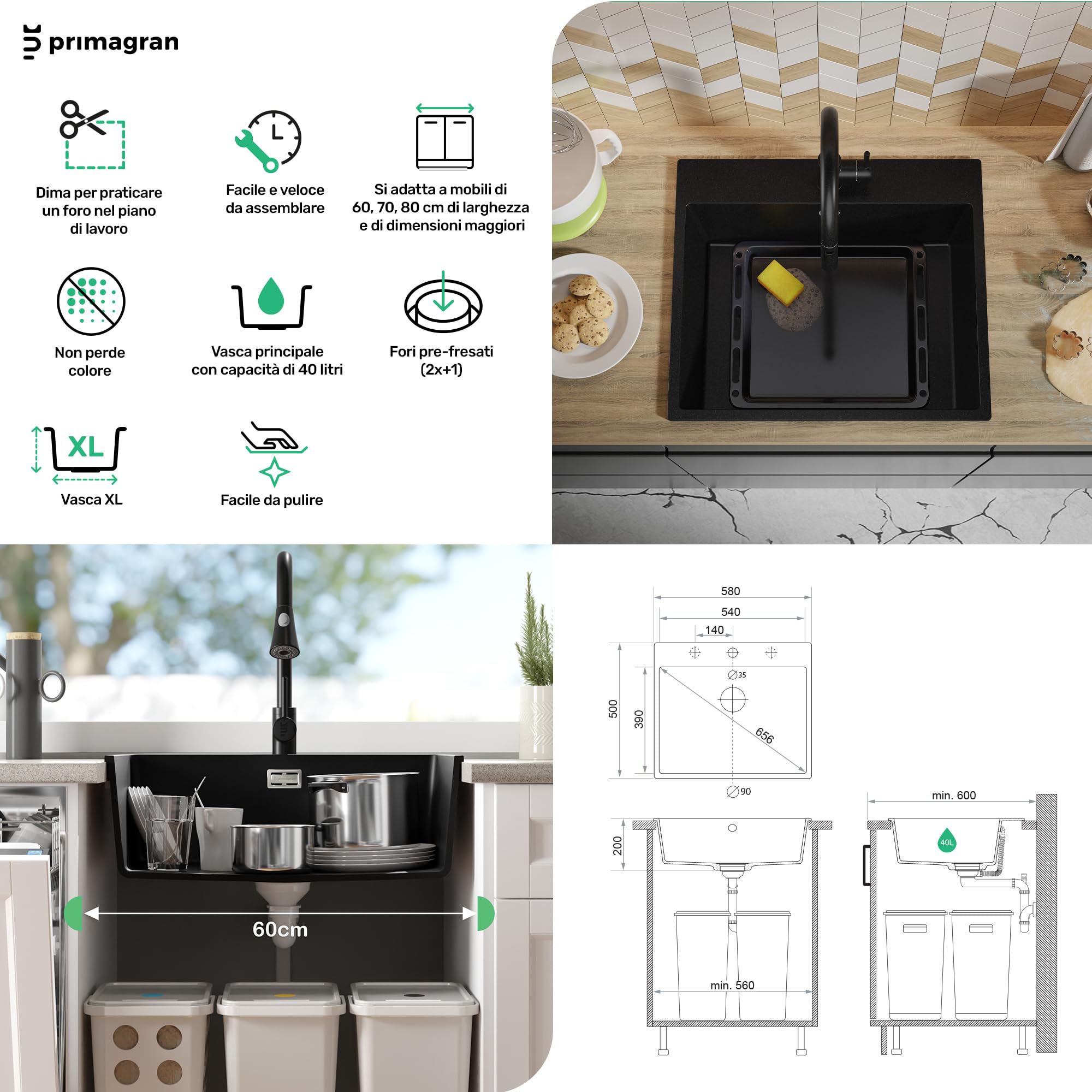 PRIMAGRAN Lavello da Cucina Tutto Bianco 58x50cm, Lavandino in Granito a 1 vasca + Sifone Classico, Lavabo da Cucina Incasso al Mobile 60cm - Riga S312