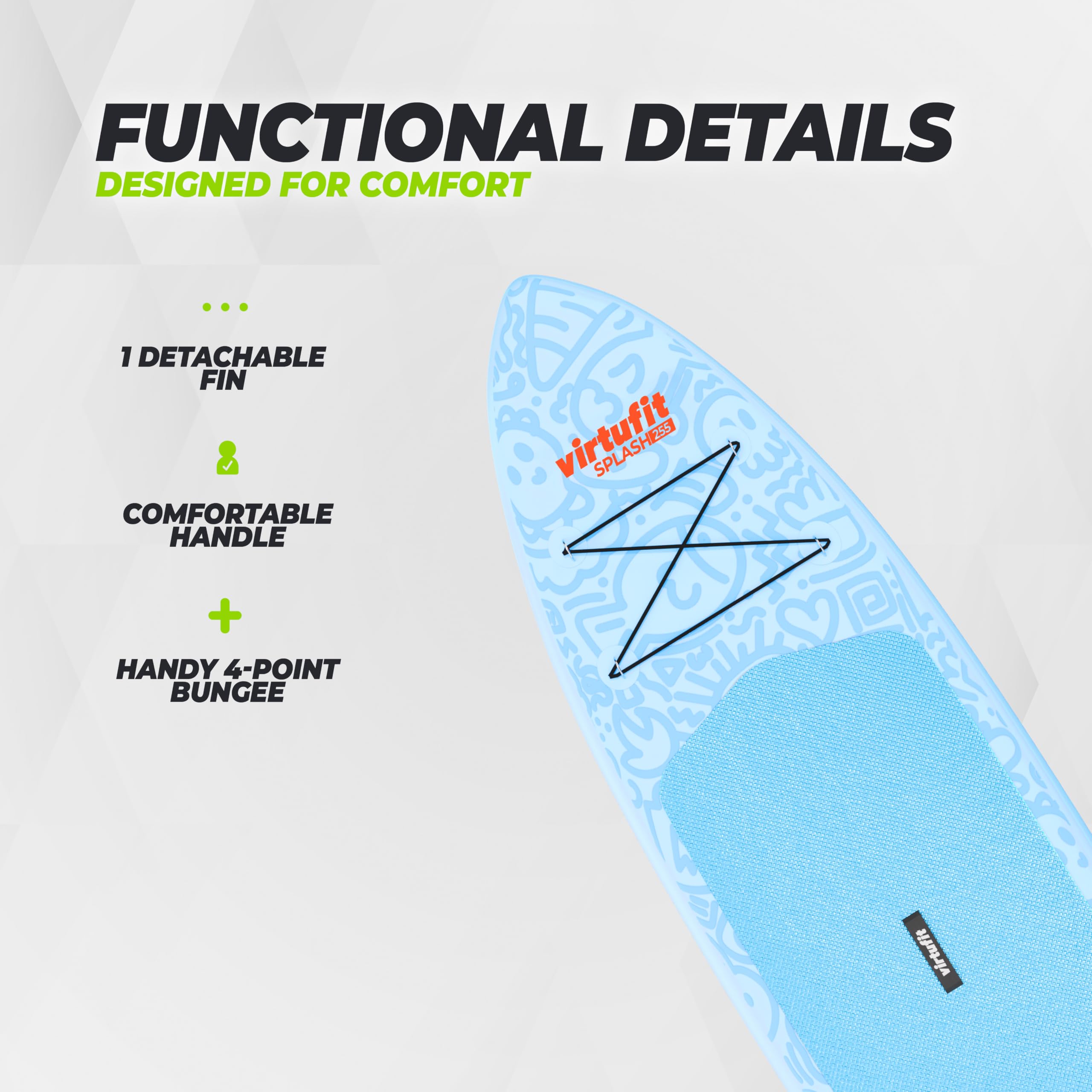 VirtuFit Splash - Tavola da SUP gonfiabile per bambini e adulti fino a 100 kg, 255 cm, con pagaia, pompa, guinzaglio, pinna e zaino