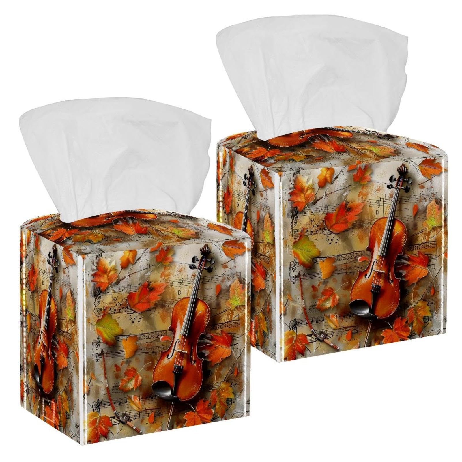Maple Leaves Violin Music Tissue Box Cover, 2 Pack PU Leather Square Facial Tissue Dispenser Box holder for Home Office Car