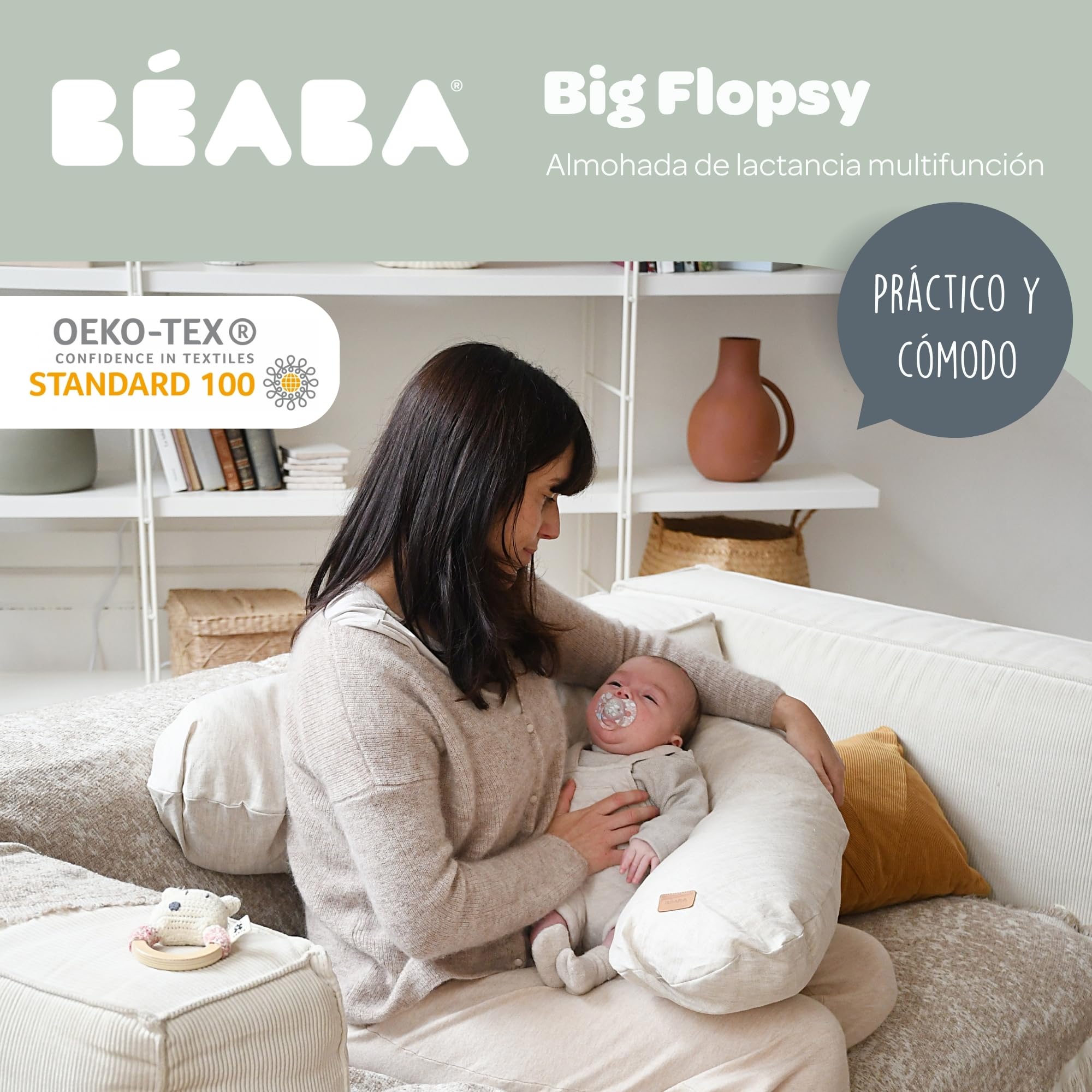 BÉABA, Big Flopsy, Cojin Lactancia, Almohada de Maternidad y Embarazada, Multifuncional, Adecuada para Dormir/Amamantar, Soporte, Hipoalergénica, Confort, Noche Tranquila, Lino, Oekotex, Beige
