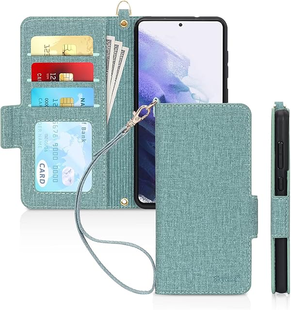 Skycase Samsung Galaxy S21 FE Case 5G 6.4", [RFID Blocking] S21 Wallet Case, Handmade Flip Folio Wallet Case with Card Slots and Detachable Hand Strap for Samsung Galaxy S21 FE 6.4" 2022, Green