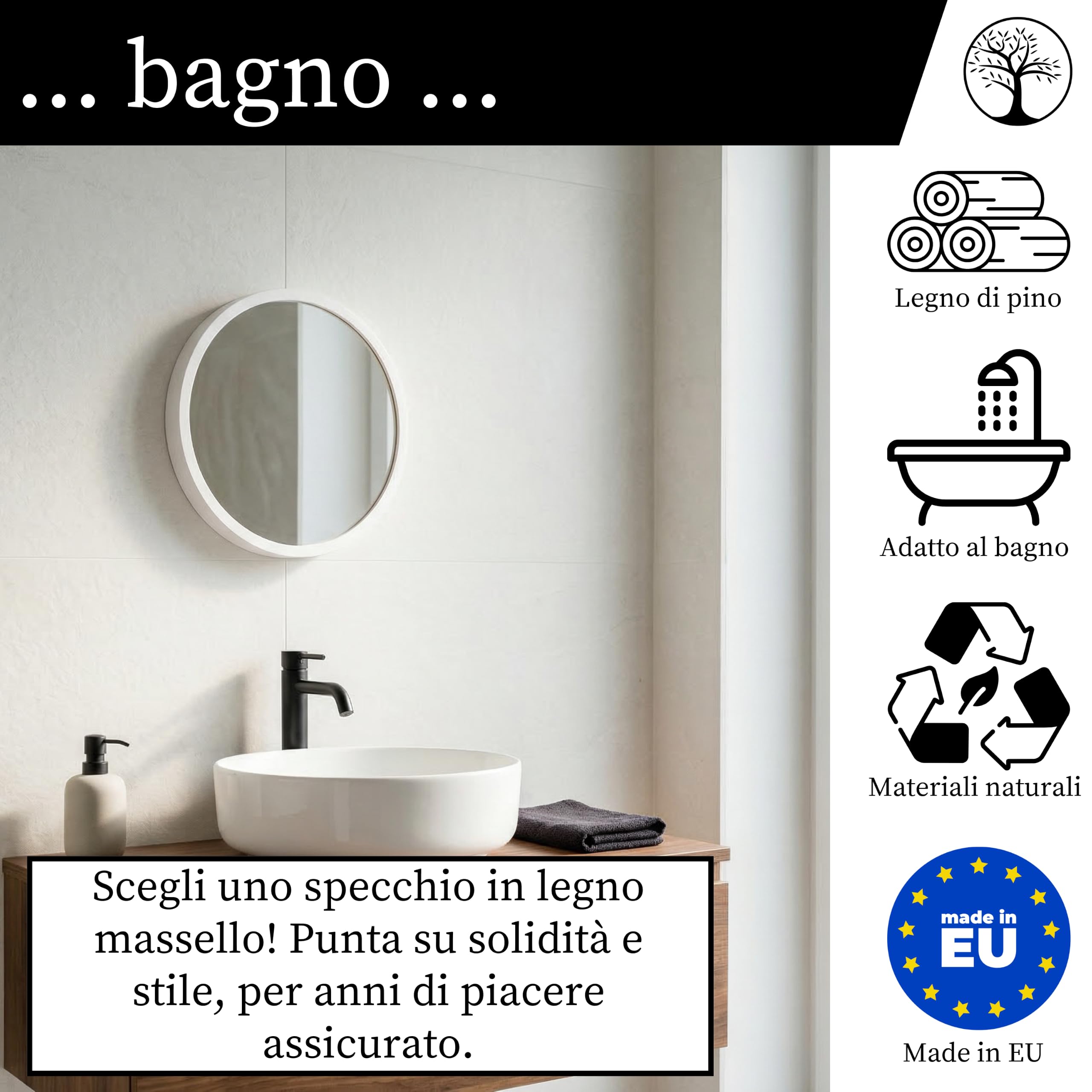Specchio piccolo rotondo legno bianco | Legno massello, Montaggio facile, Prodotto nell'UE, Vetro a specchio da 4 mm, Gancio in metallo sicuro, Facile da pulire