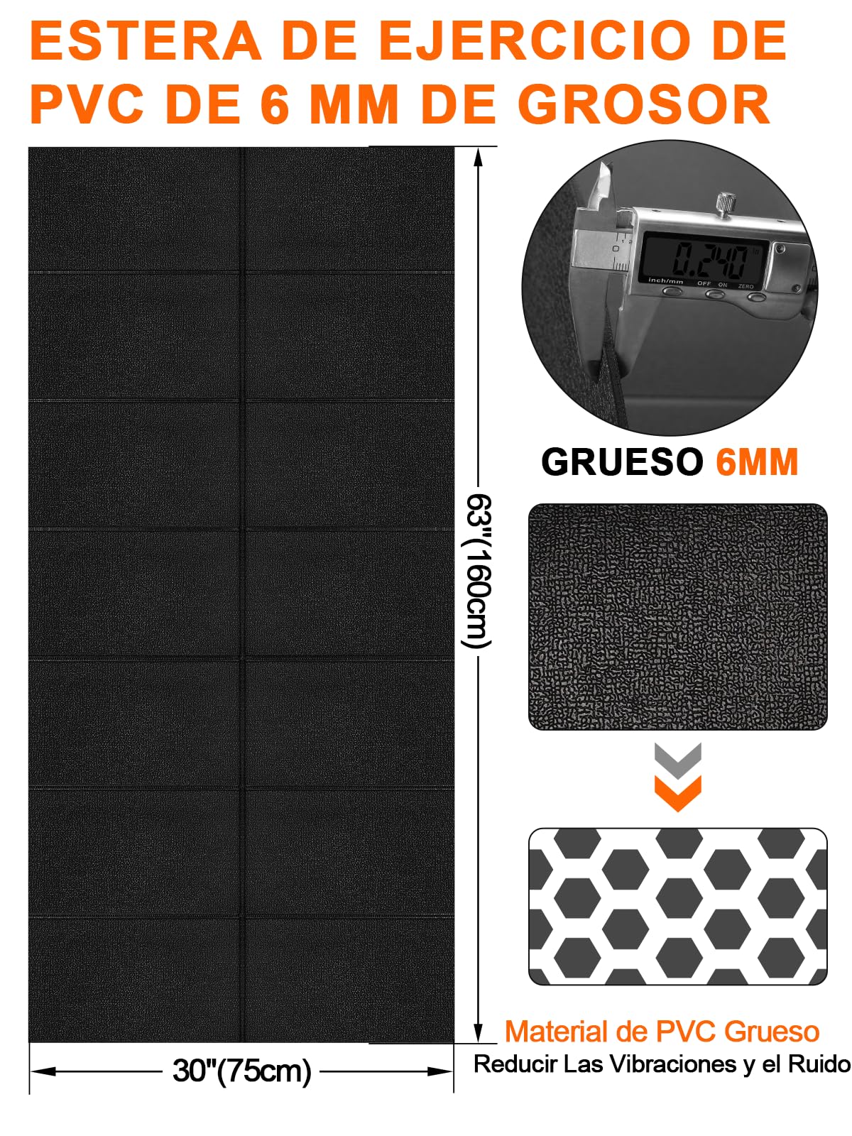 Estera de fitness 160x75 cm, 6 mm, plegable, PVC, antideslizante, impermeable, para alfombras y suelos de madera, compatible con cinta de correr