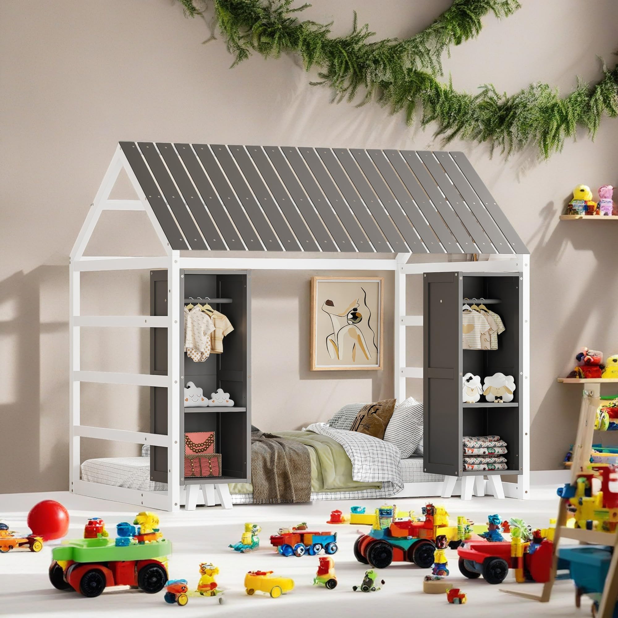 BEDGJH Wood House Bed, Kids Floor Bed Twin Size with Fence, Roof and 2 Movable Wardrobes, No Box Spring Needed (Gray)