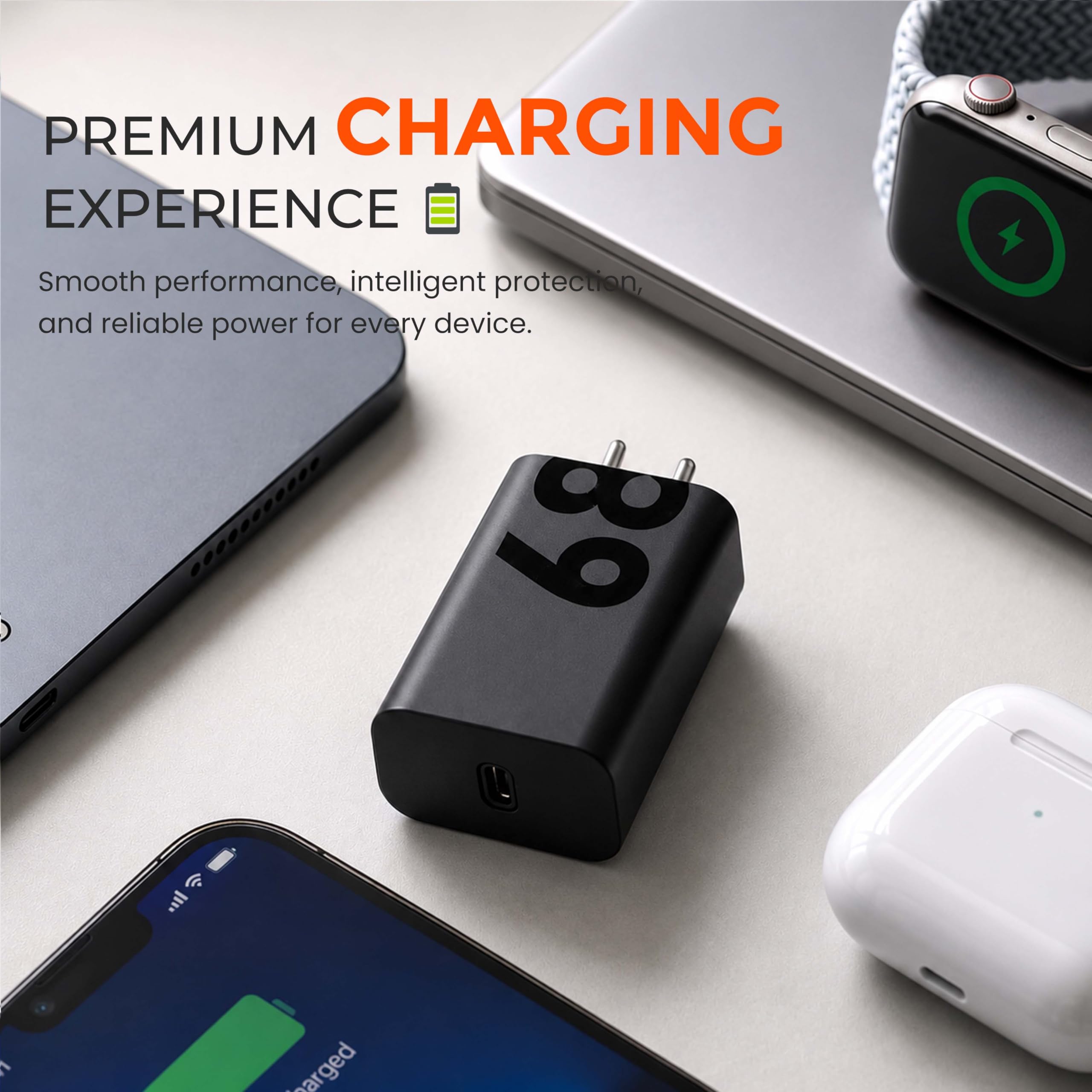 68W USB-C Turbo Power Charger, Fast Charging Adapter with 1m Type