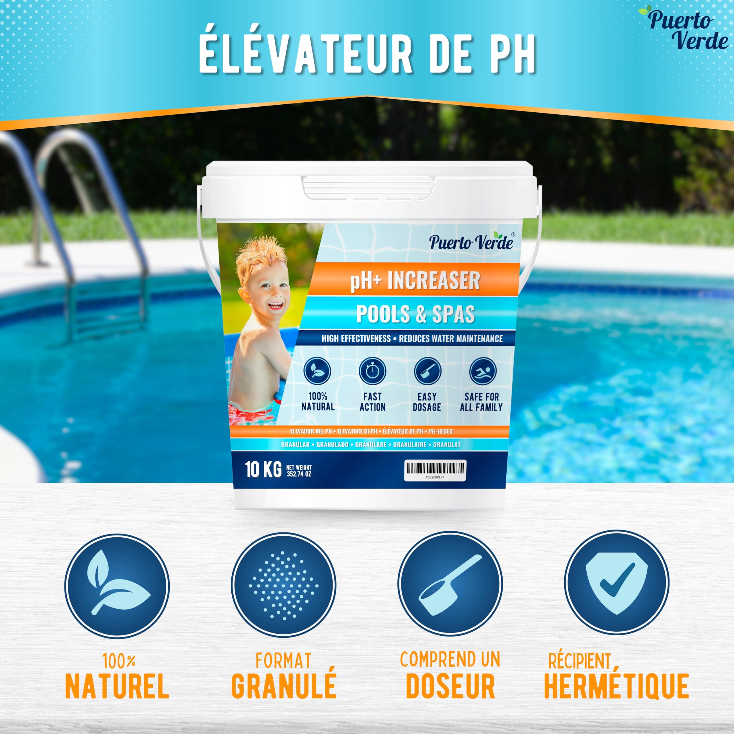 • pH + Plus pour Piscines 10 Kg. Élévateur de pH+ Adapté aux Spas. Correcteur de pH Plus en Format Granulé. Cuillère de Dosage Incluse. Seau Hermétique. Production Européenne.