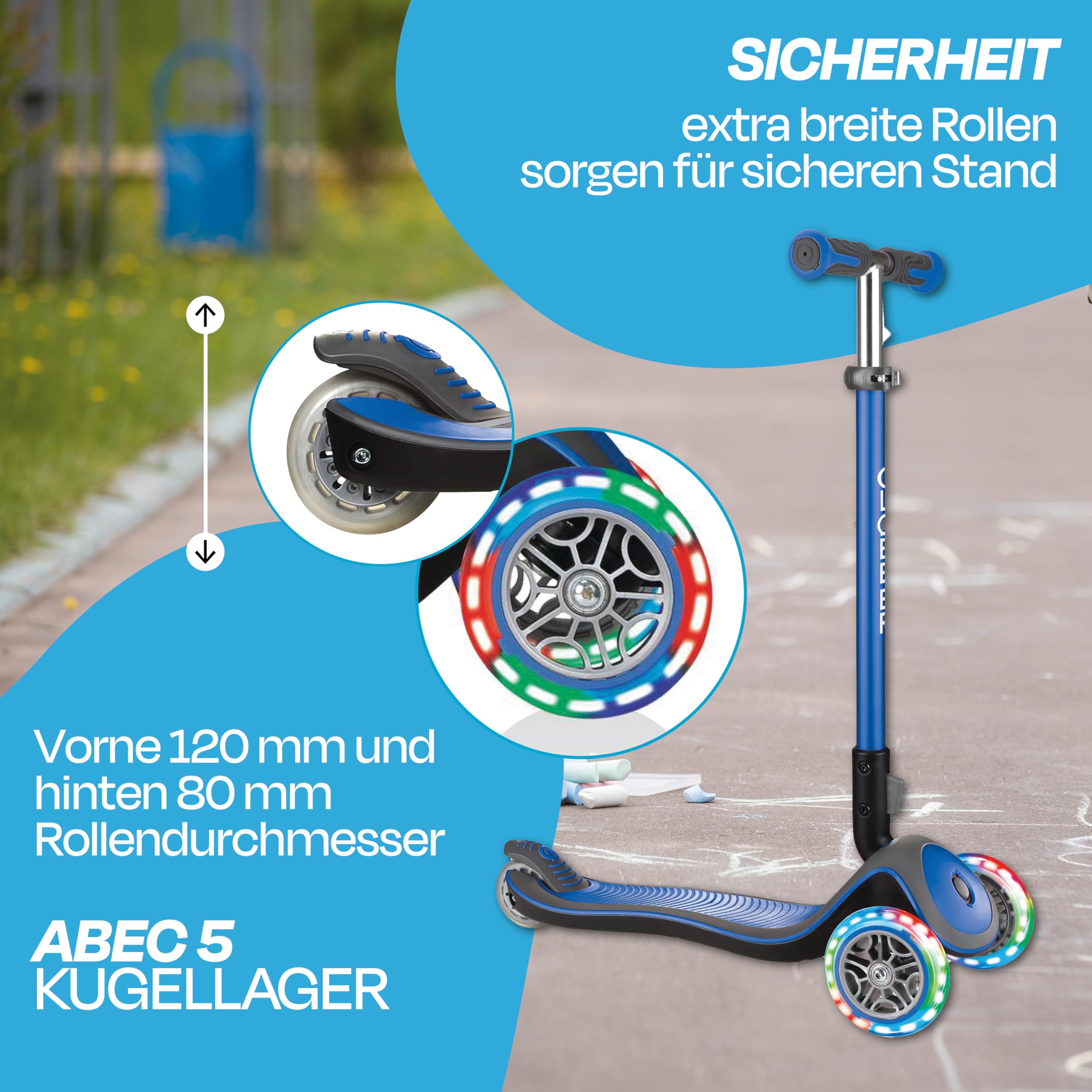 Globber - ELITE DELUXE LIGHTS - Monopattino pieghevole e illuminato a 3 ruote per bambini dai 3 ai 9 anni +, Blu marino