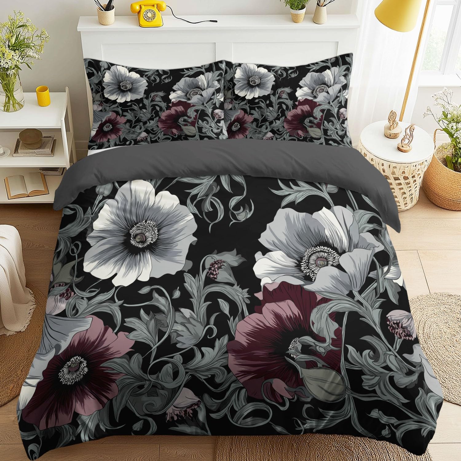 Housse de couette vintage floral gris 135x200 cm avec sa parure de lit en coton lavable