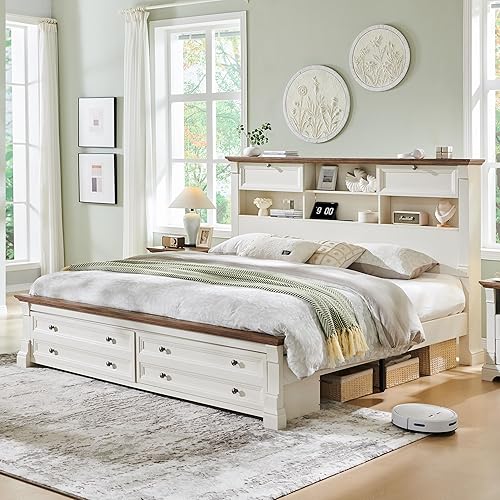 Farmhouse King Size Bed Frame with 54" Tall Storage Bookcase Headboard, Wood Platform Bed Frame with 2 Drawers & 18" Tall Roman Column Decoration Footboard, No Box Spring Needed(Antique White)