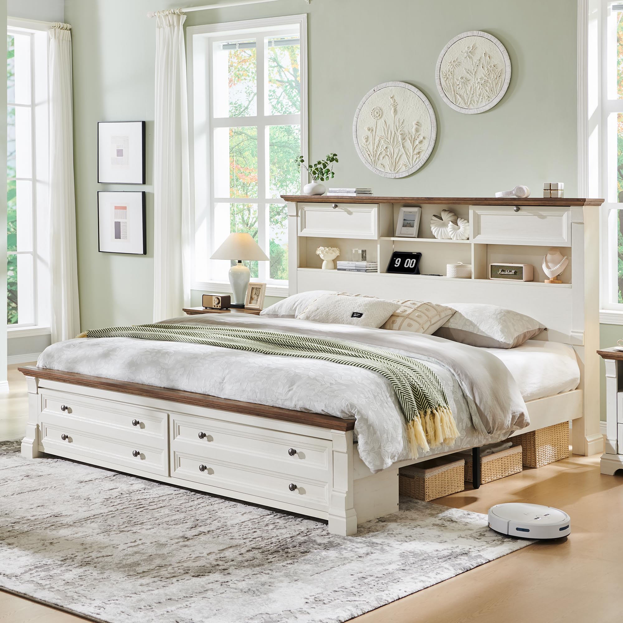 Farmhouse King Size Storage Bed Frame with Bookcase Headboard & Drawers, No Box Spring Needed, Antique White