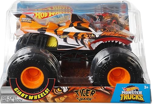 Miniatura 4 de Hot Wheels - Camiones Monstruo Tiger Shark - Vehículo de metal a escala 1:24 con ruedas gigantes para niños de 3 a 8 años de edad, gran regalo,