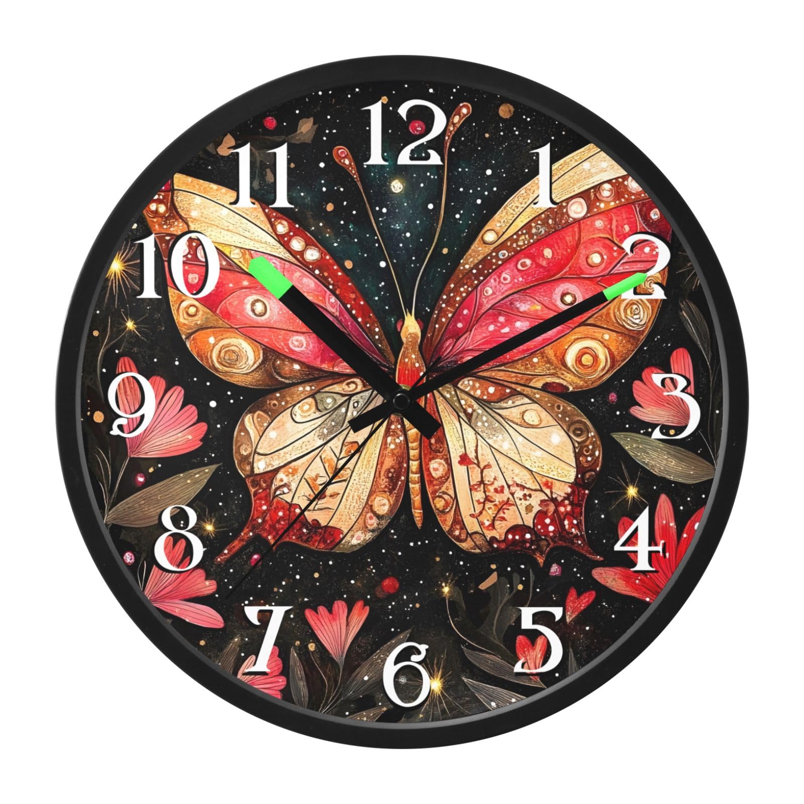 Mnsruu Reloj de pared luminoso con diseño de mariposa roja y luna, funciona con pilas, reloj silencioso que brilla en la oscuridad, para sala de estar, cocina, 30,5 cm