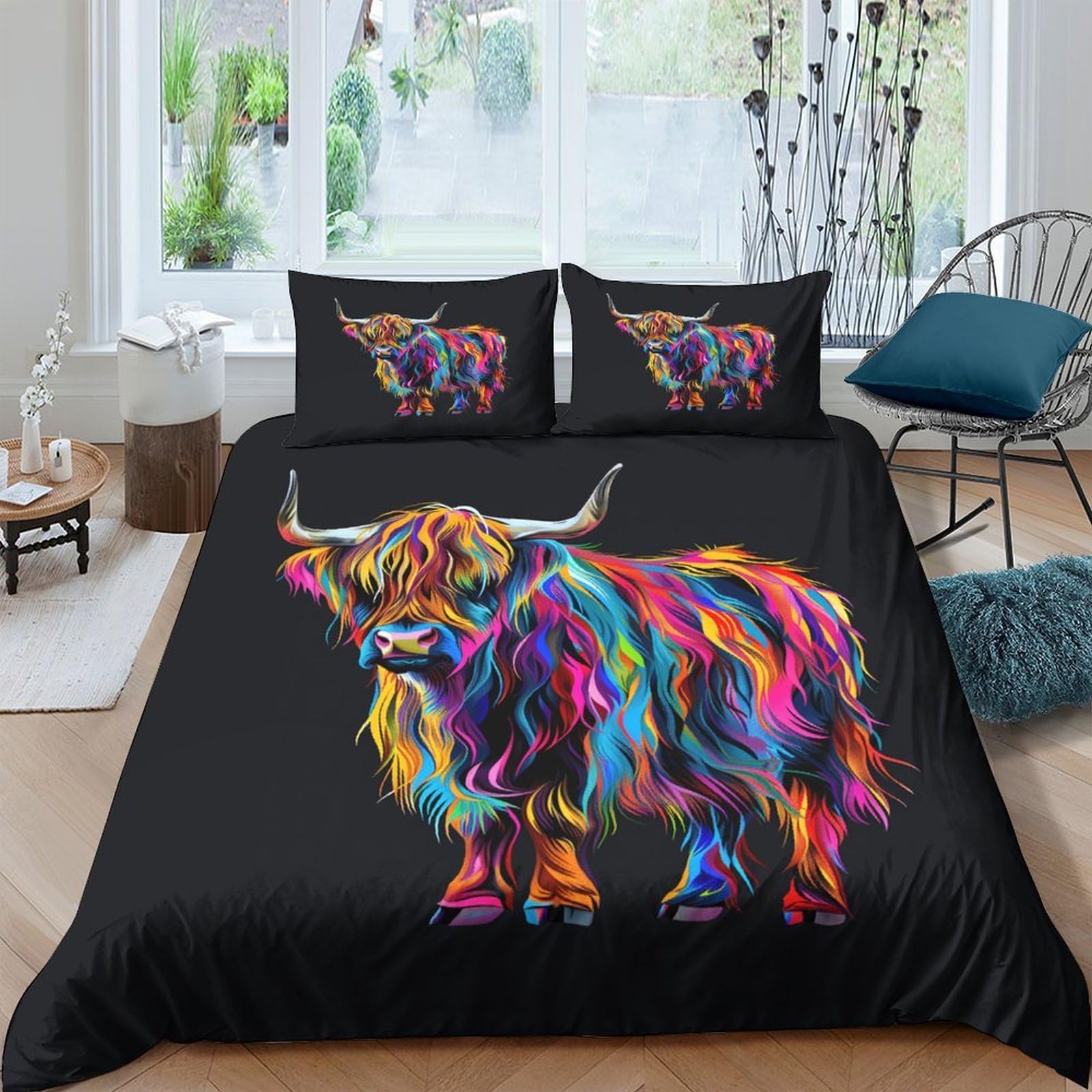 Ctjqhvkz Style-8 3D Printed Colorful Highland Cow Fitted Sheet Microfiber Soft Breathable Abstract Bull Mattress Cover Bedroom Single（135X200cm）