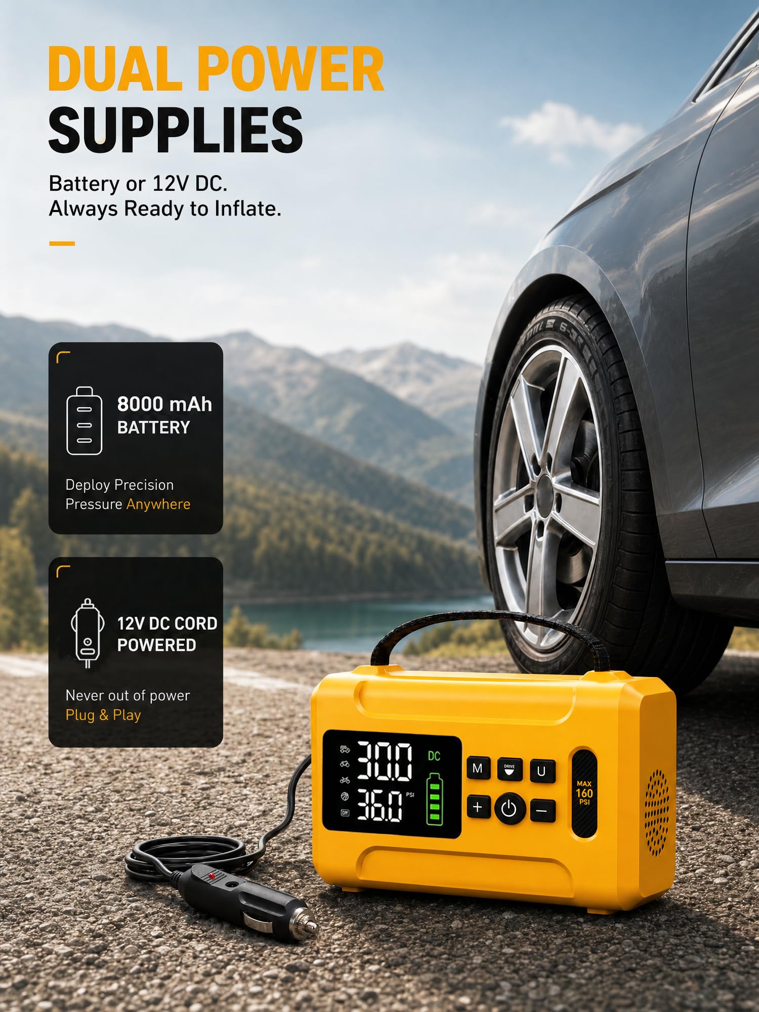 Reifenfüller, tragbarer Luftkompressor, 160 PSI Luftpumpe für Autoreifen, 6000 mAh & 12 V Gleichstrom, schnell 24 l/min, digitales Reifendruckmesser, LED-Lichter, 5 Modi, automatische