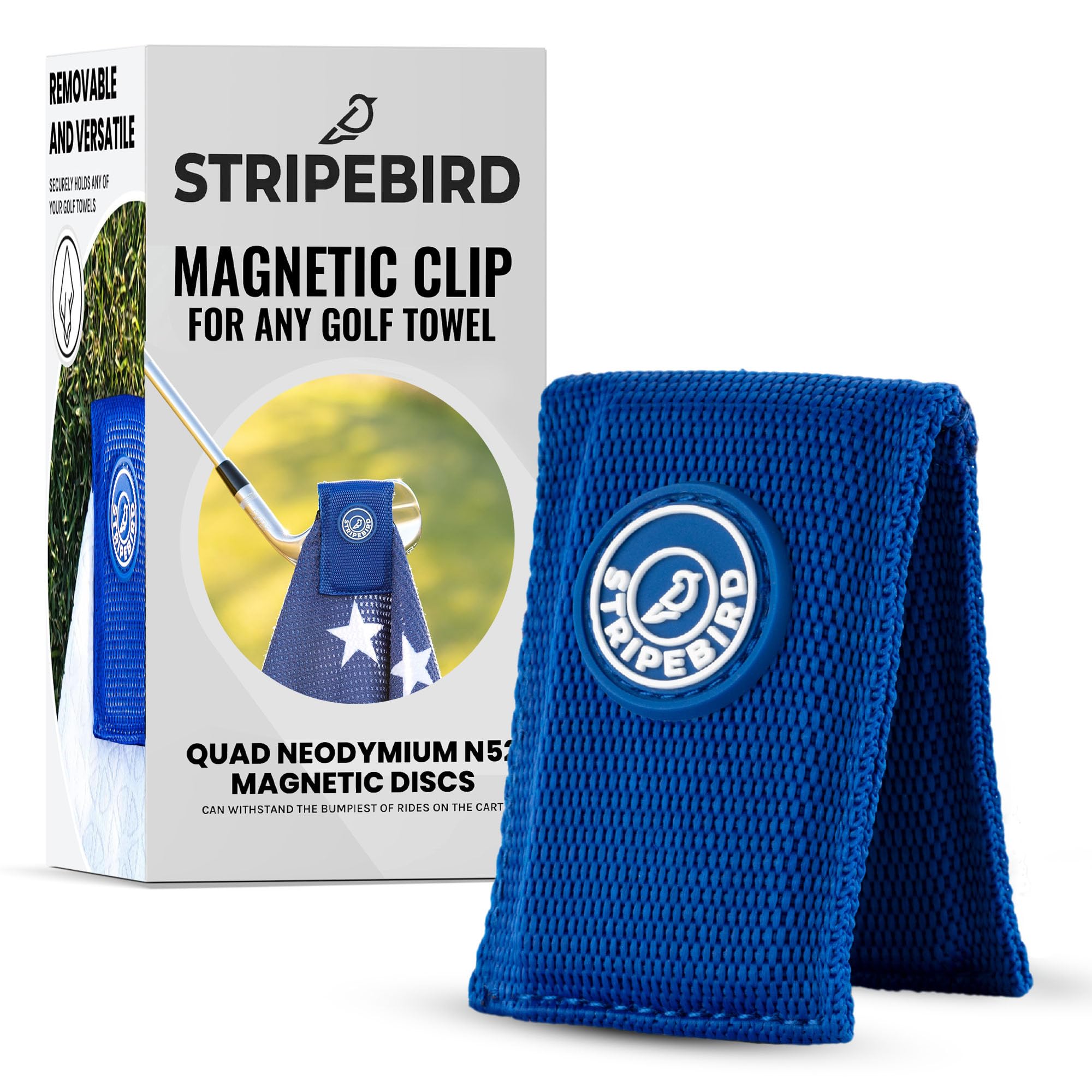 Stripebird Blue - Magnetic Clip For Golf Towel (Royal ) - (Highest Strength Magnet) - Easily Access Golf Towel While You Golf - Attaches To Golf Cart, Clubs Or Golf Hub - Removable From Towels