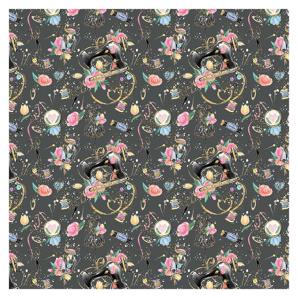 TRIXES Cotton Fabric, Grey Floral Sewing Machine Design, Embroidery Fabric, for Textile Crafts, Dressmaking, Patchwork