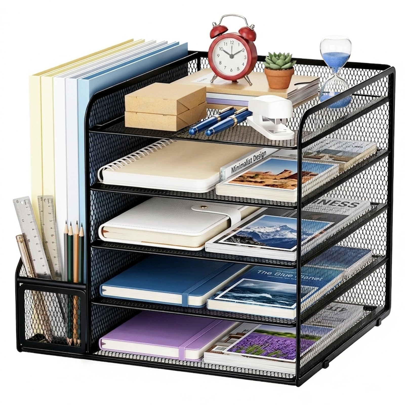 Organisateur de Bureau a 5 Niveaux,Corbeille à Courrier en Maille Métallique,Rangement de Documents,adaptée au rangement des fournitures de bureau et des documents (noir)