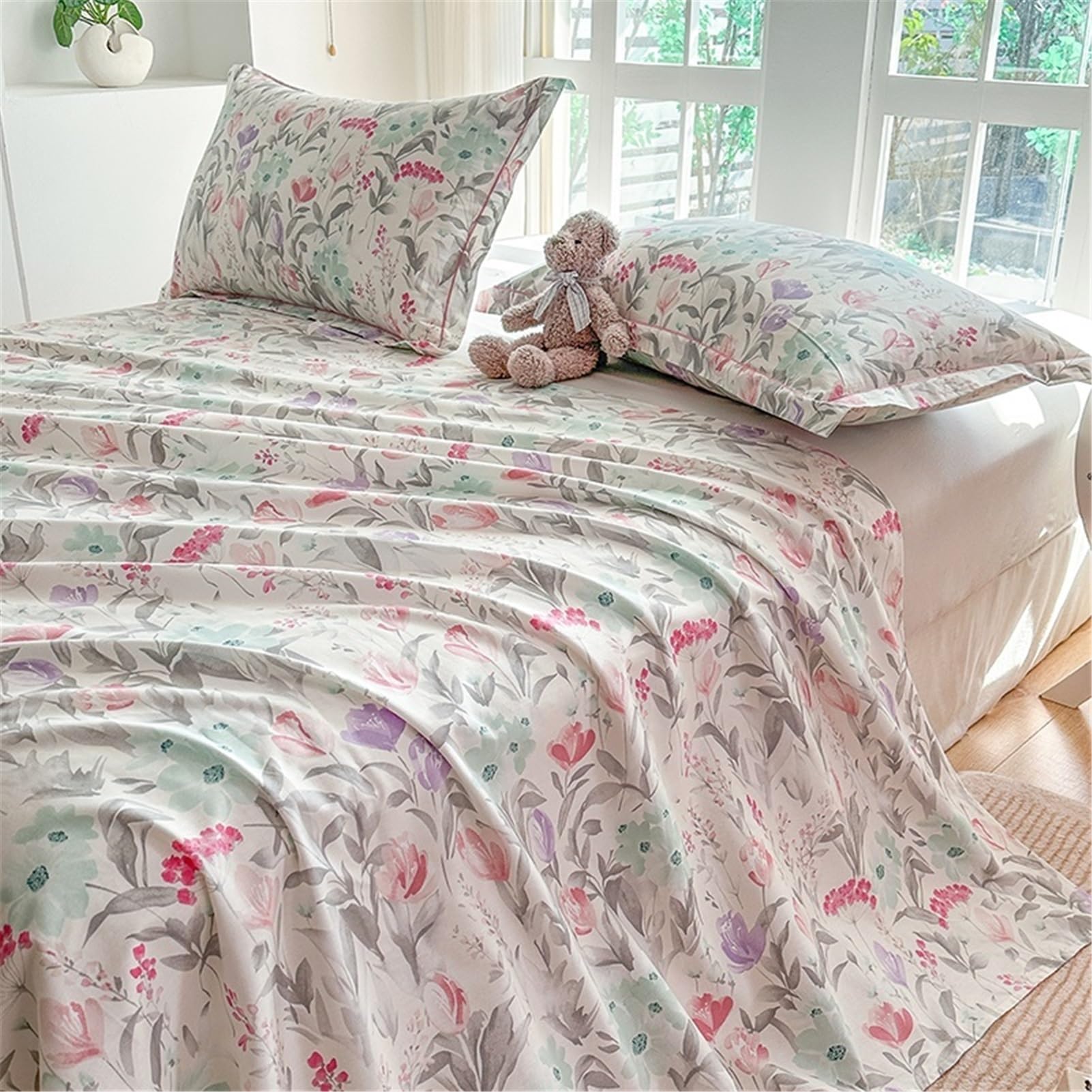Bettlaken Betttuch Haustuch Laken aus 100% Baumwolle mit Blumenmuster ohne Gummizug Atmungsaktives und Weiches(Flower A,245x270cm Rounded)