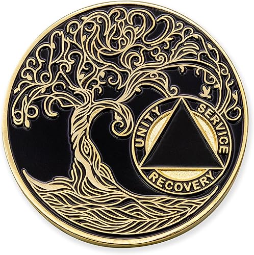 Miniatura 200 de Medallón/Ficha/Ficha de Recuperación AA Sobriety Mint de 2 Años, Árbol de la Vida Retorcido, Dorado - Negro