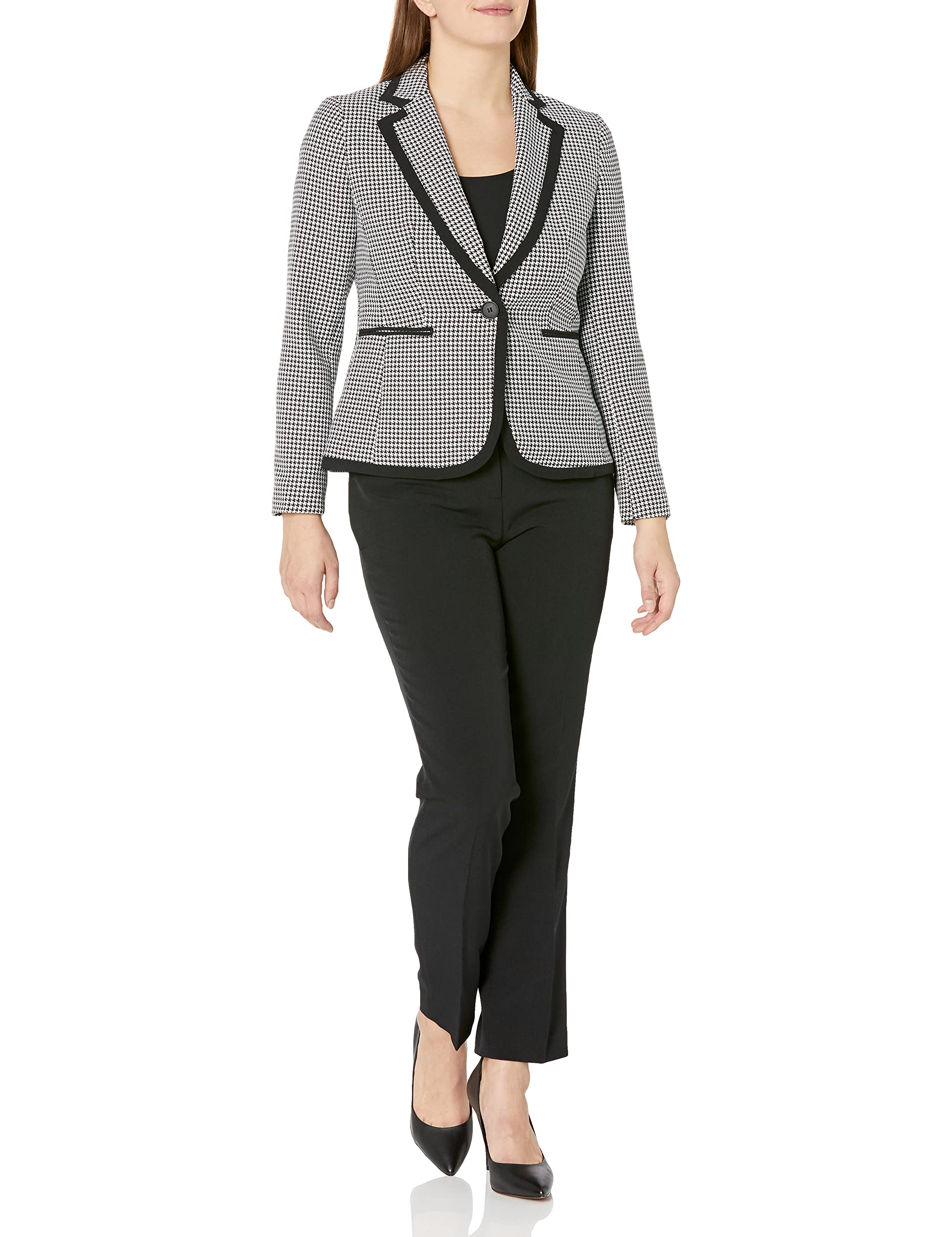 Women's Houndstooth One Button Jacket with Combo Framing and Slim Pant