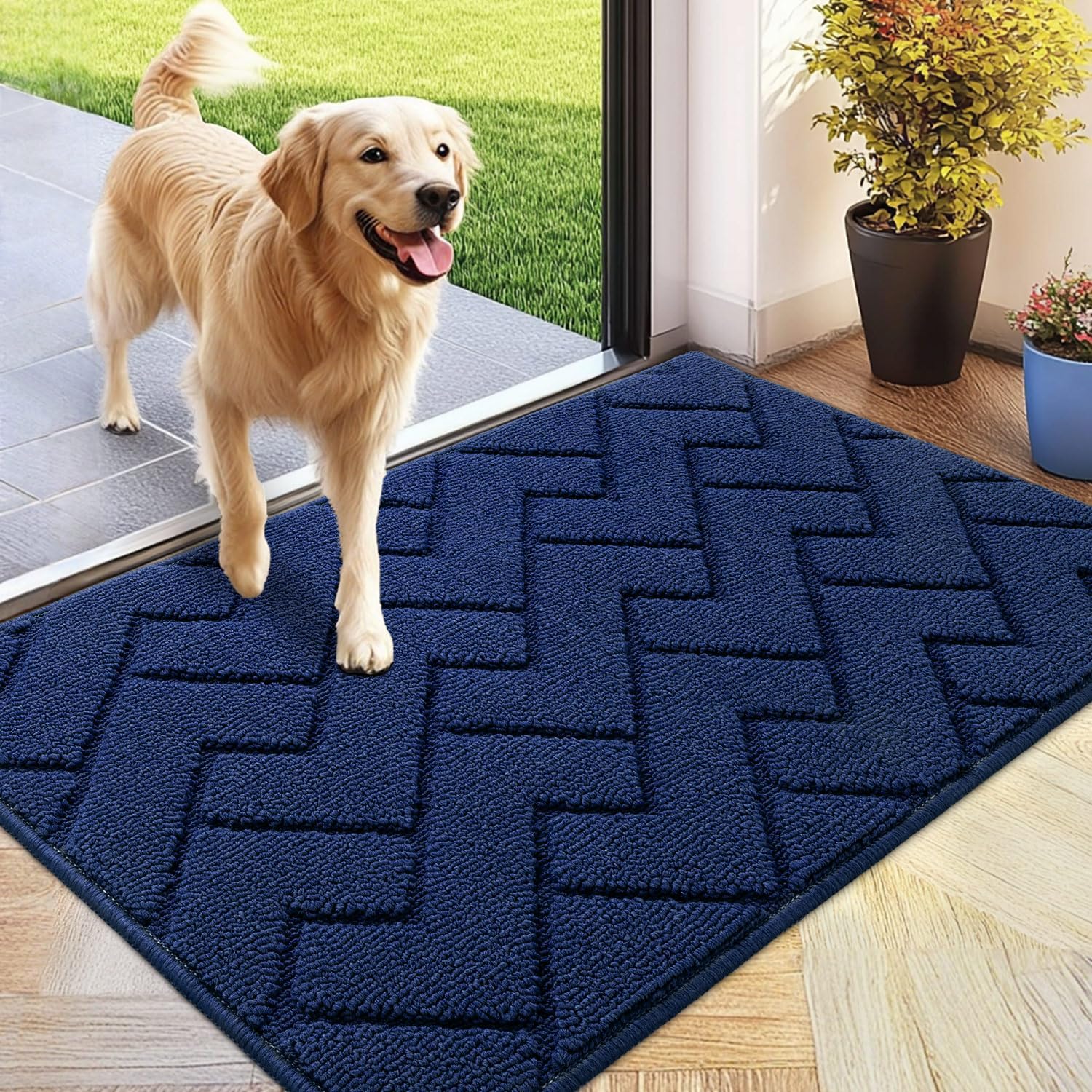 hicorfe Front Door Mat Outside Entrance,24"x35" Absorbent Muddy Dirt Resist Welcome Door Mats Outdoor Indoor,Stain and Fade Resistant,Non Slip Backing Entry Mat Doormat for Entryway (Navy Blue)