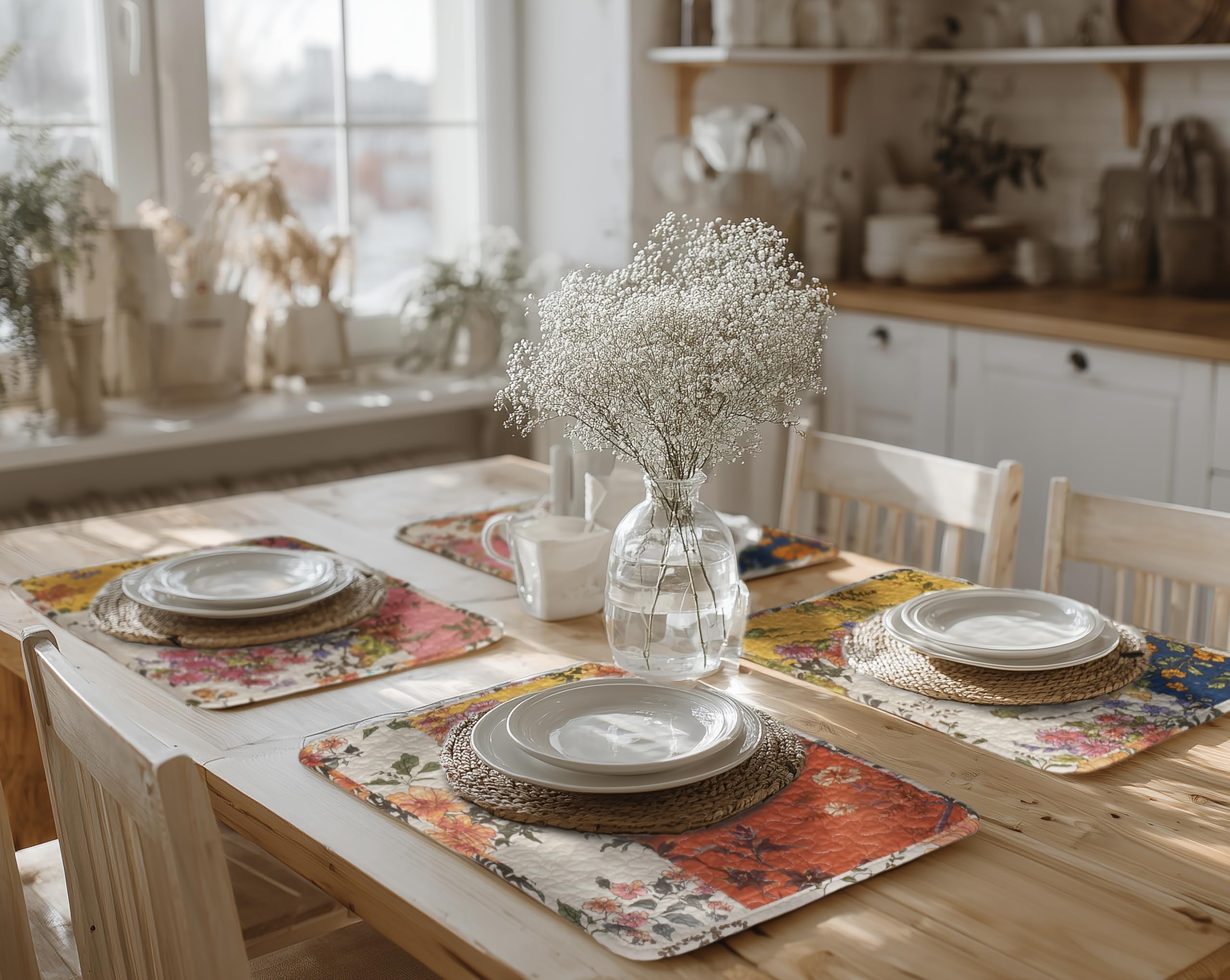 Lot de 4 sets de table matelassés Motif patchwork floral | 33 x 48,3 cm, coton matelassé réversible, quatre motifs distinctifs, lavable en machine, emballage prêt à offrir