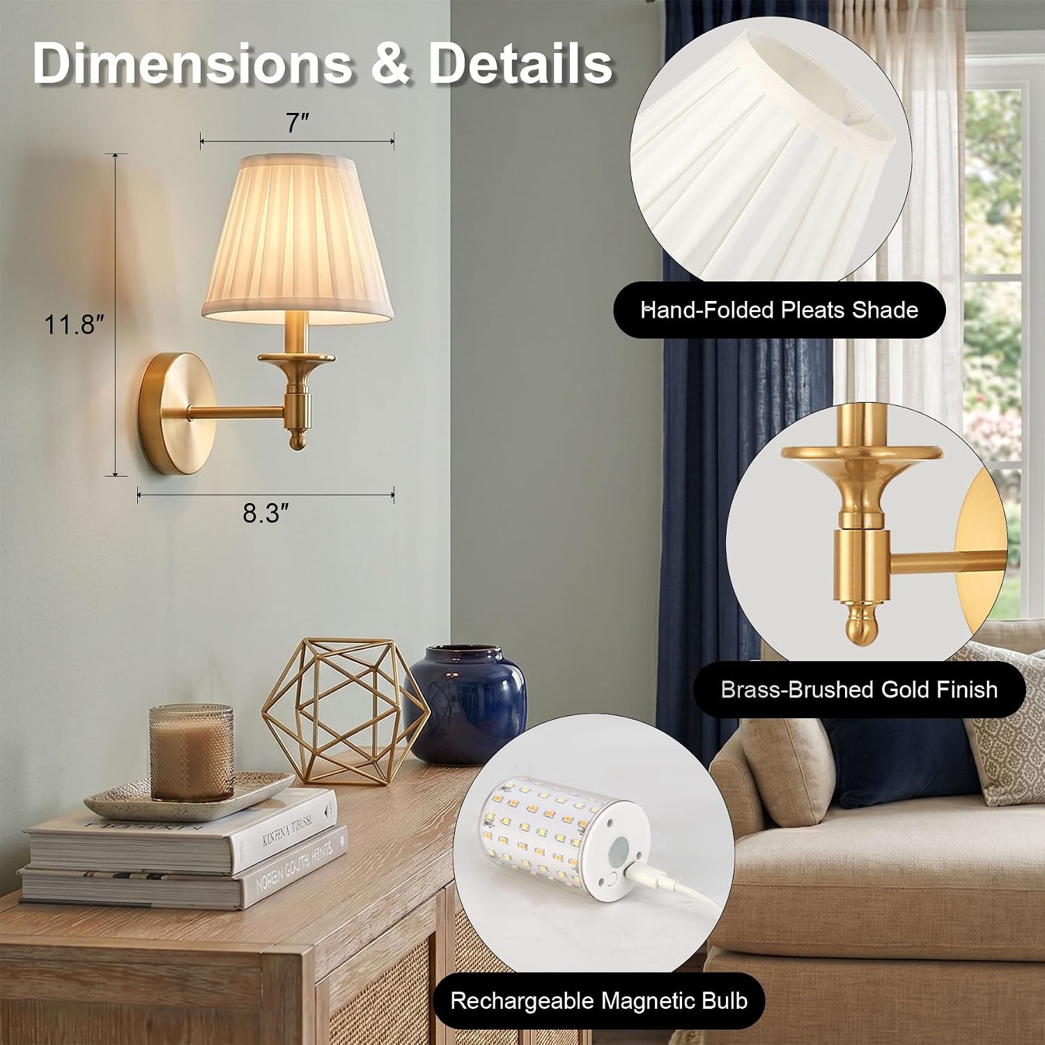 Battery Operated Wall Sconce Set of 2, Gold Wireless Wall Lights with 3 CCT Color Temperature & Dimmable Magnetic Bulb and Remote, Rechargeable Wall Decor Lamp for Bedroom Living Room Hallway