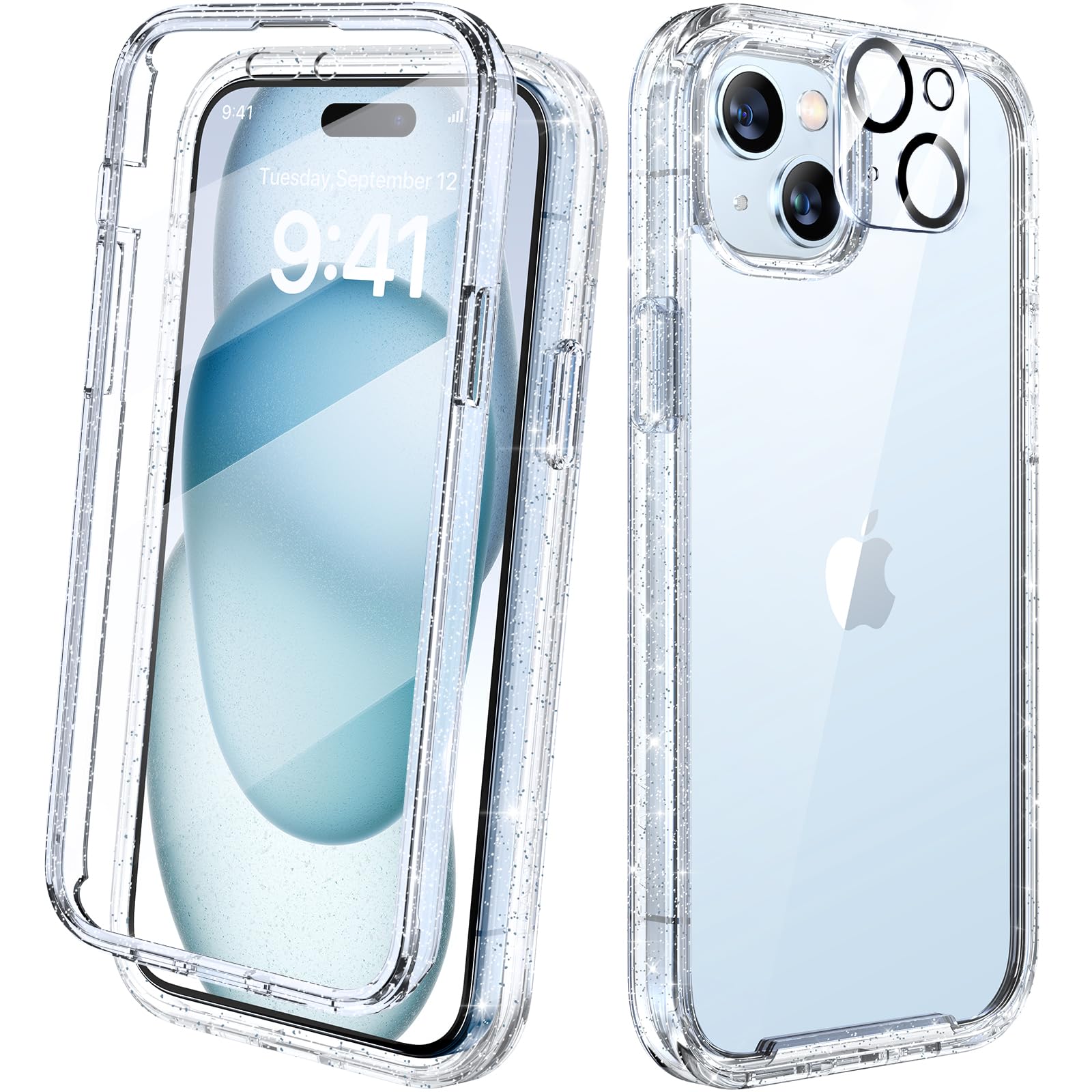 Designed for iPhone 15 phone Case, Full Body Rugged Case with Built-in Touch Sensitive Anti-Scratch Screen Protector, with Camera Lens Protector for iPhone 15 6.1" (Clear Glitter)