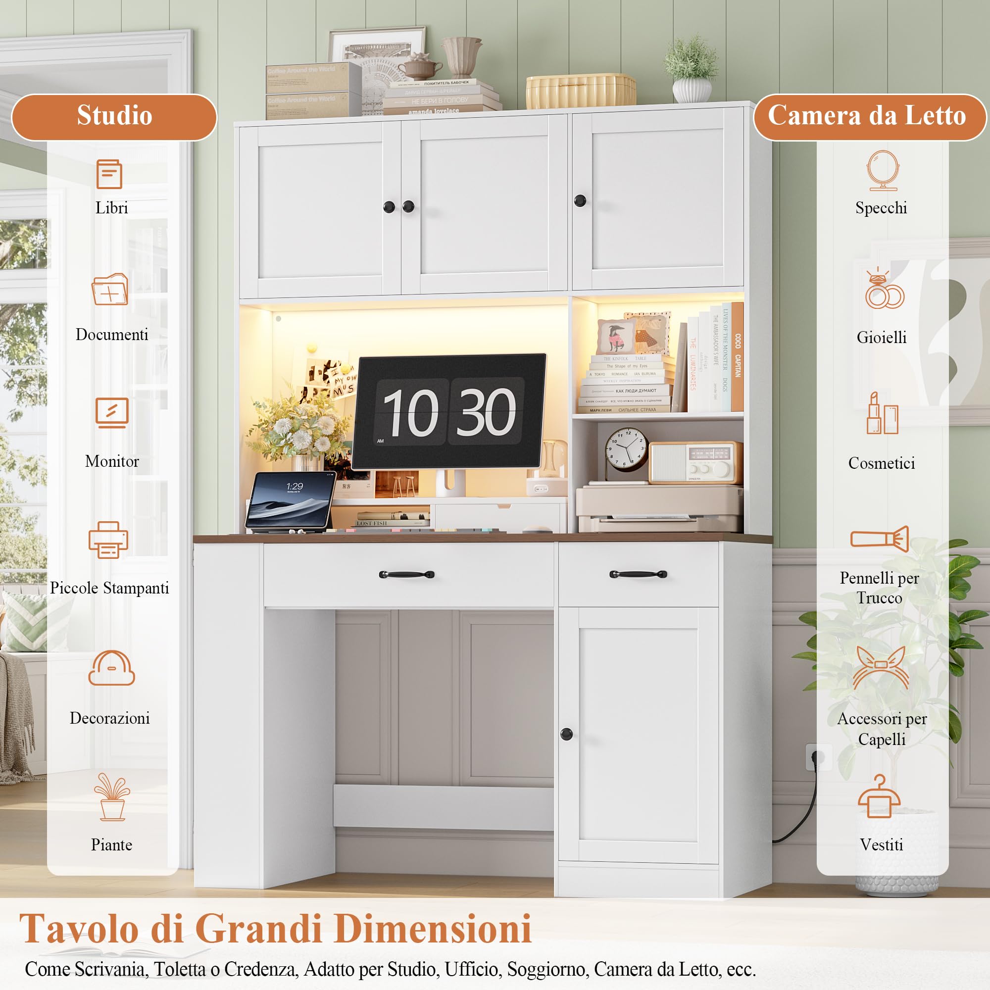 FirFurd 180cm Scrivania con Cassetti, Scrivania Gaming con Luci a LED e Prese, Scrivanie con 3 Ante, con Libreria a 2 Ripiani, Ripiani Regolabile, per Studio, Ufficio, Cameretta, 120x50x180cm, Bianco