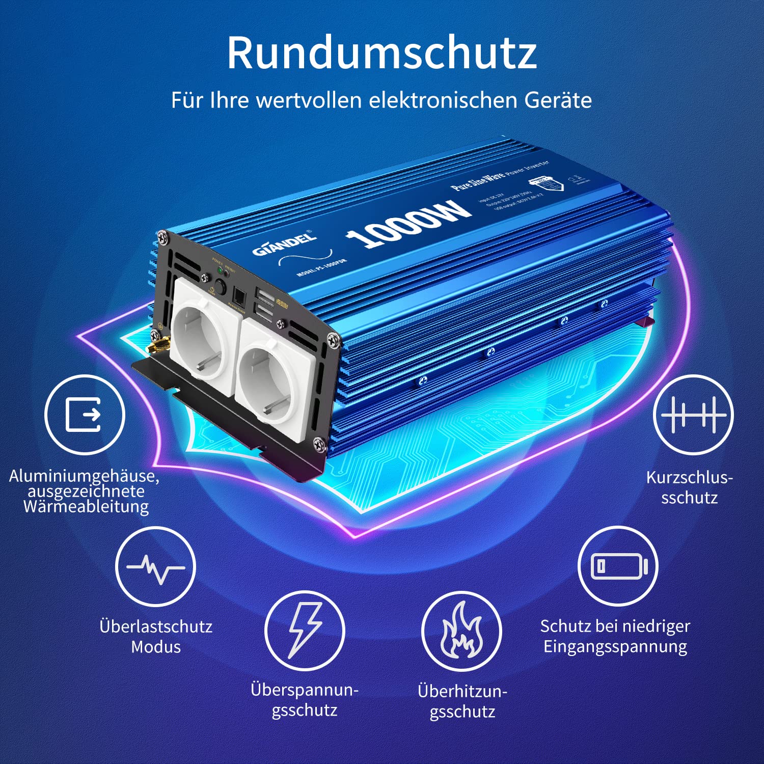 GIANDEL Przetwornica napięcia 12V na 230V 1000W czysty sinus - falownik samochodowy - z 2 gniazdami UE i 2 portem USB z Pilot do ekranu LCD