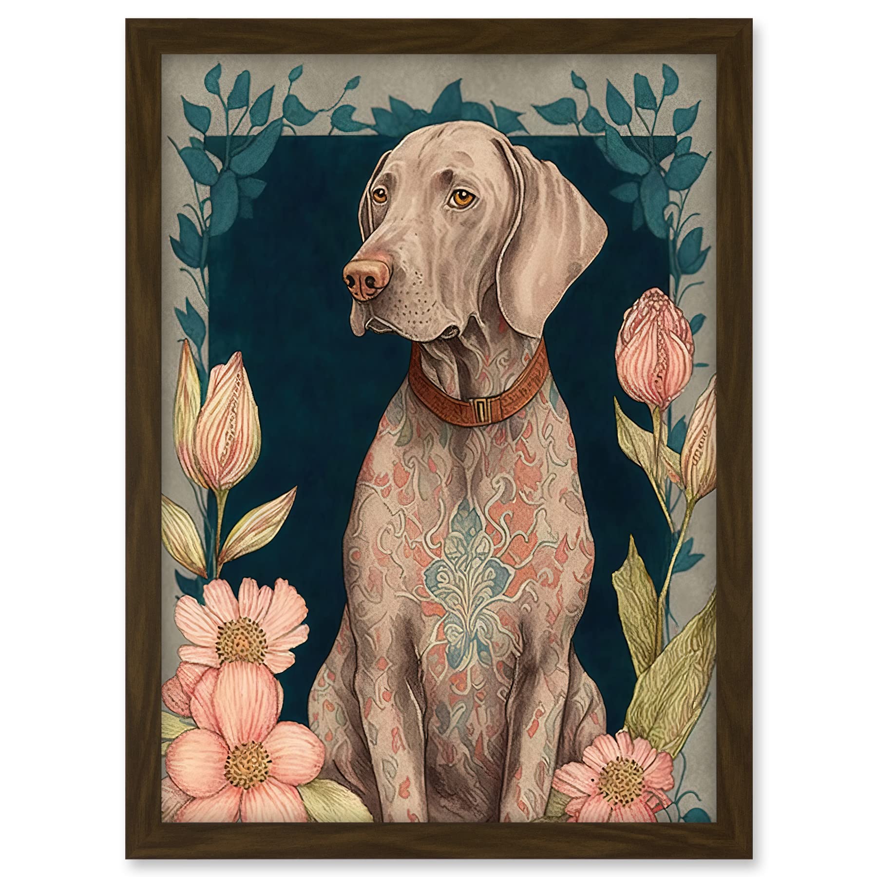 Artery8 Grey Weimaraner Dog with Ornate Pattern Fur Coat and Flowers Modern Art Nouveau Illustration Artwork Framed A3 Wall Art Print