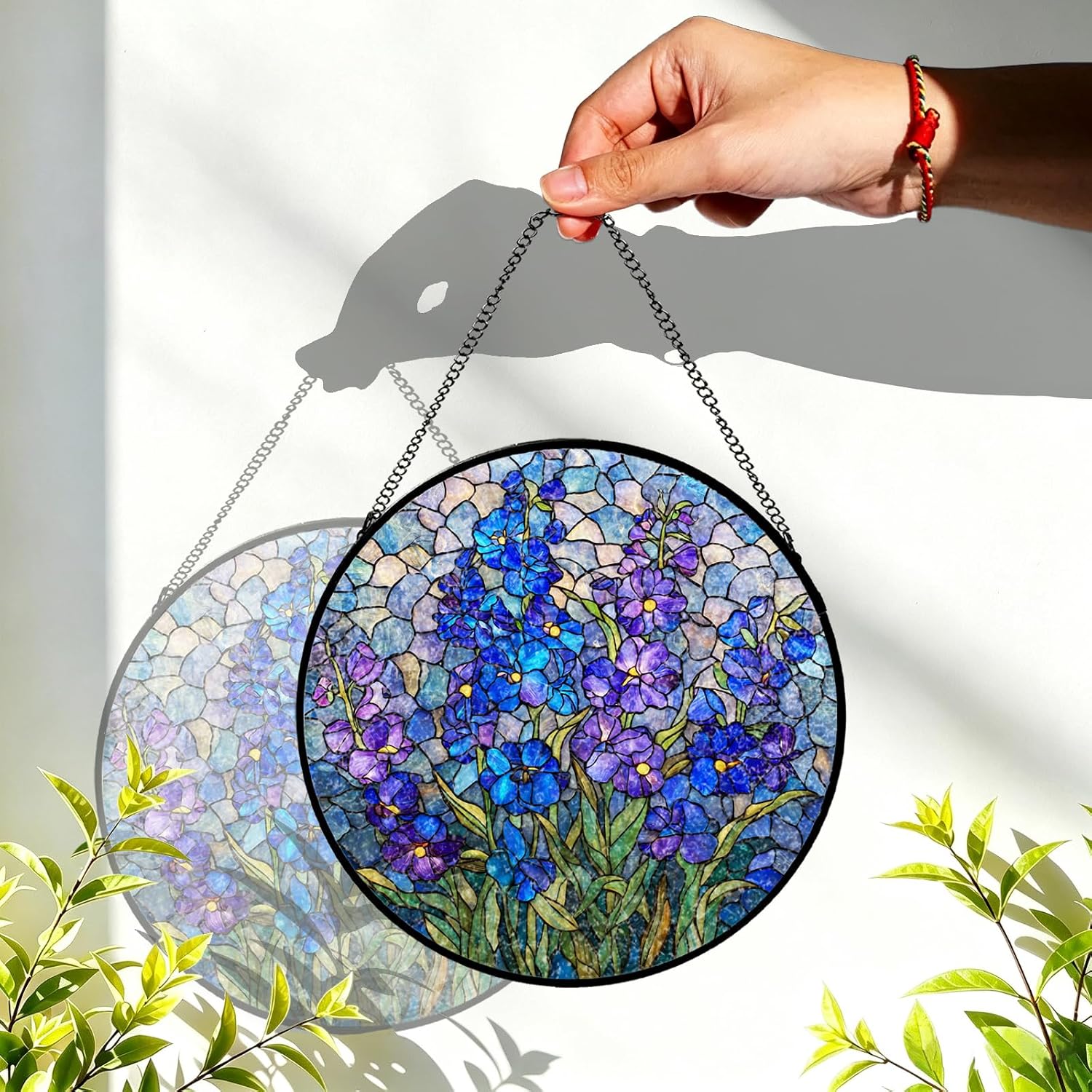 Stained Glass Window Hanging，Blue Purple Flower Suncatcher Sun Catcher Indoor Stained Glass Window Hanging Sunrise Lover for Women Men Home 7.8 in