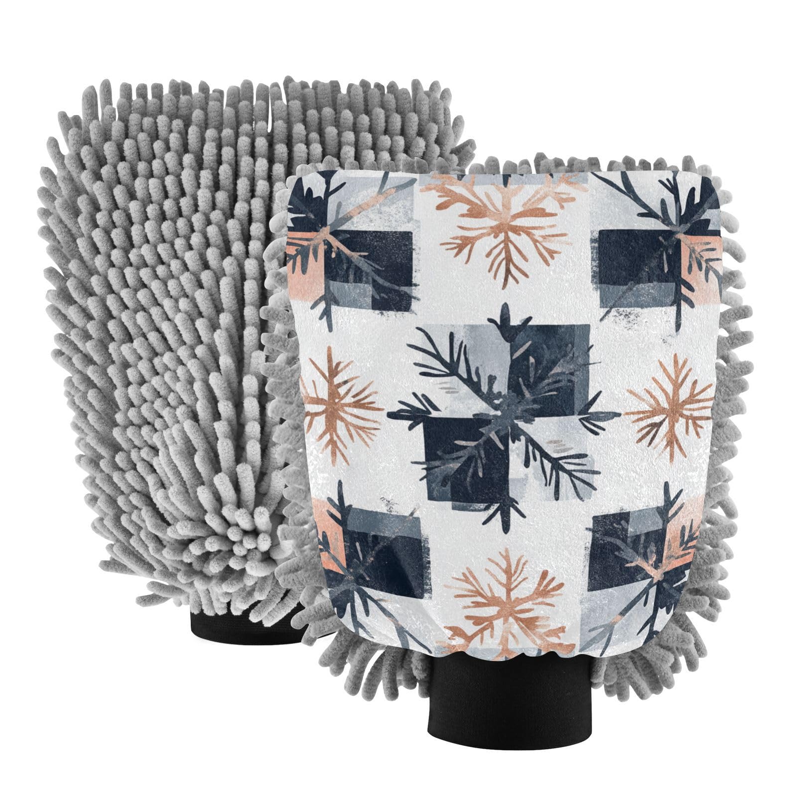Navy Blue and Rose Gold Cod Buffalo Plaid Snowflakes Car Wash Mitts Microfiber Scratch Free Washing Gloves for Cars Car Wash Drying