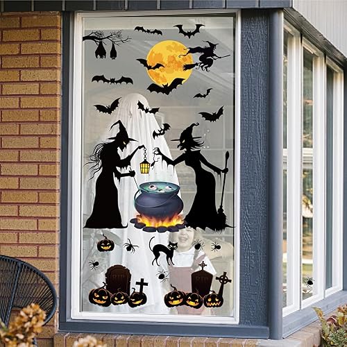 Miniatura 5 de Calcomanías de pared de Halloween, brujas, murciélagos, calabaza, luna, calcomanías de pared para dormitorio de niños, sala de estar, despegar y