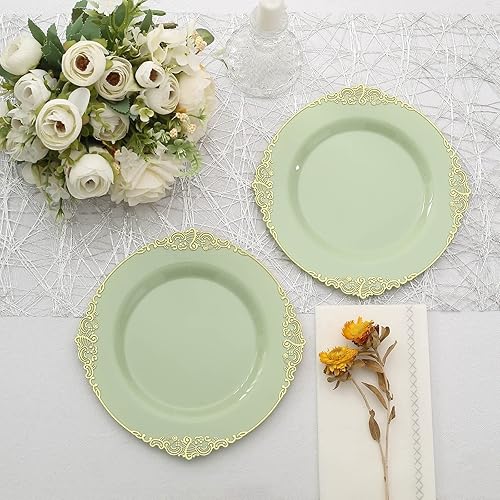Miniatura 8 de Tableclothsfactory Paquete de 10 platos redondos de plástico barroco verde salviadorado de 8 pulgadas para ensalada de postre, vajilla desechable