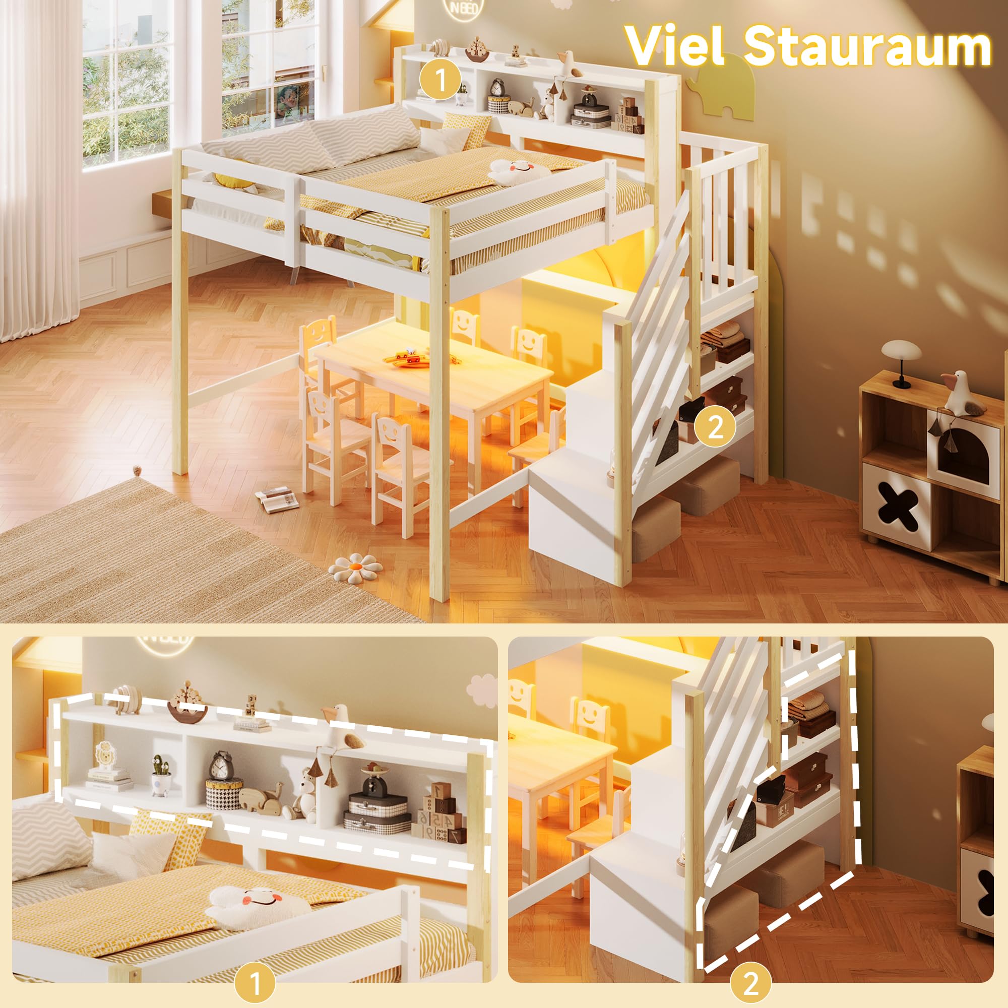 BTM Holz Hochbett 140x200 mit Stauraum und LED-Leuchten Kinderhochbett mit Rausfallschutz, Treppe Weiß+Natur