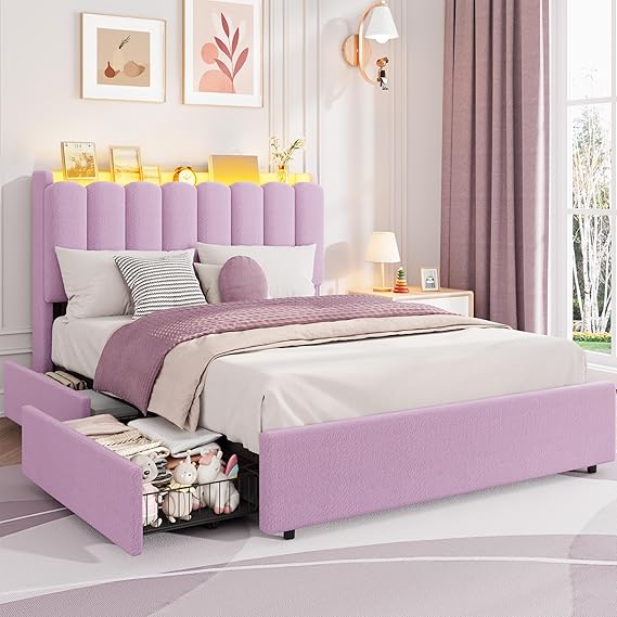 Garvee LED Full Size Bed Frame with Storage Headboard, Kids Bed Frame with 2 Drawers, Boucle Upholstered Platform Bed for Girls, Chic Wavy Headboard with Bookcase, No Box Spring Needed, Purple