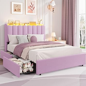 Garvee LED Full Size Bed Frame with Storage Headboard, Kids Bed Frame with 2 Drawers, Boucle Upholstered Platform Bed for Girls, Chic Wavy Headboard with Bookcase, No Box Spring Needed, Purple