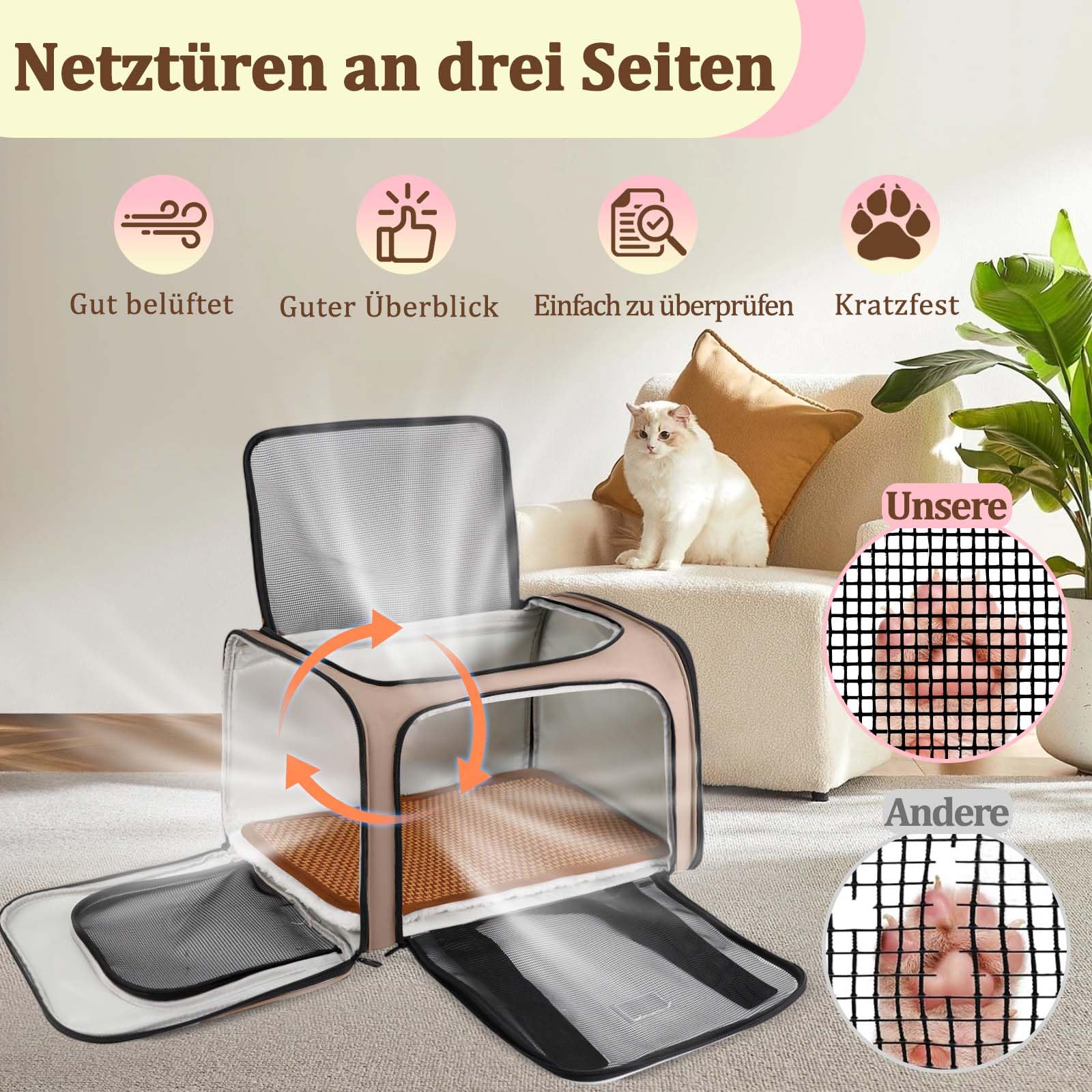 Katzentransportbox, Faltbare Transportbox Katzen und Hunde mit Plüsch-Einlage und Kühlmatte aus Strohgeflecht – für alle Jahreszeiten geeignet, Ideal für Der Gang zum Tierarzt Auto Fugzeug